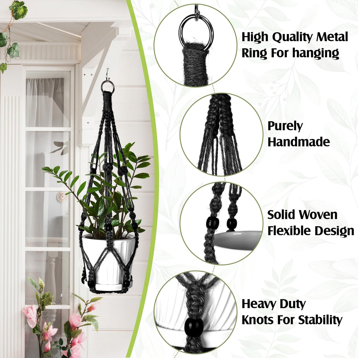 Hoteam 12 Pcs Macrame Plant Hangers Macrame Hanging Planters for Indoor Plants Handmade Boho Hanging Baskets Flower Pots Holder for Outdoor Home Wall Decor(Black)