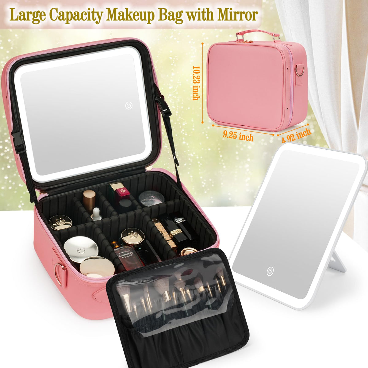 Travel Makeup Bag with Light Up Mirror,Makeup Travel Case with adjustable dividers,Waterproof Makeup Train Case,lighted Makeup Case with Detachable Mirror
