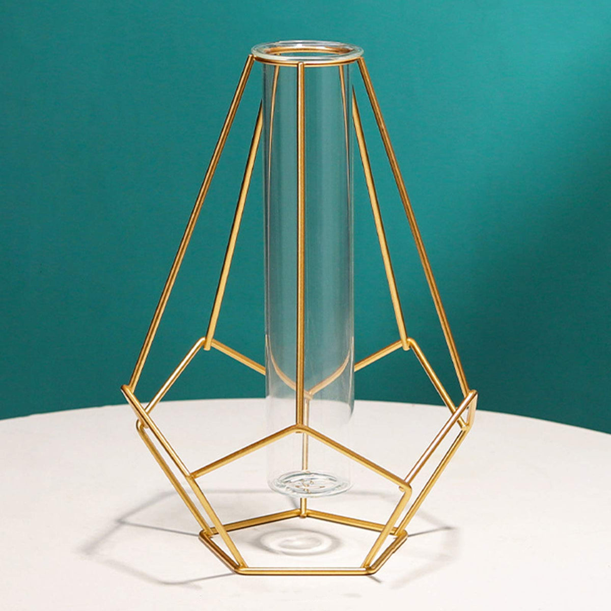 Metal Frame Vase Geometric Glass Flower Vase, Lantern Shape Glass Test Tube Vase, Modern Creative Clear Tube Glass Planter Terrariums with Geometric Metal Stand for Decor Office Home (Golden B)