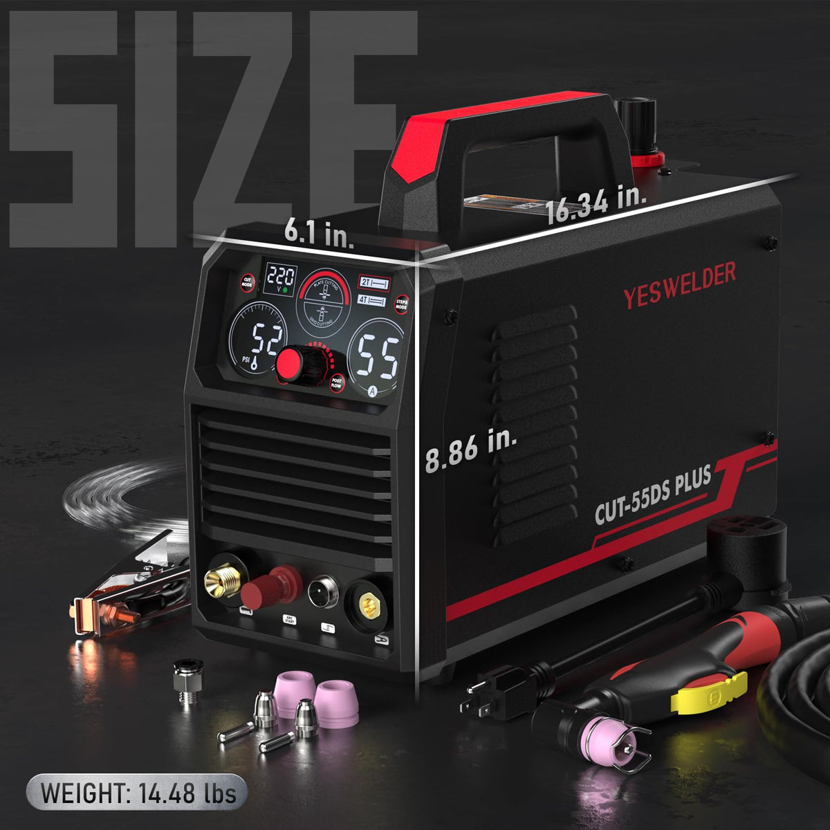 YESWELDER CUT-55DS PLUS Plasma Cutter, 55Amp Non-Touch Pilot Arc Air Power, 2-In-1 Plate Cutting/Grid Cutting Large Digital Display 110/220V Dual Voltage IGBT Inverter Plasma Cutting Machine