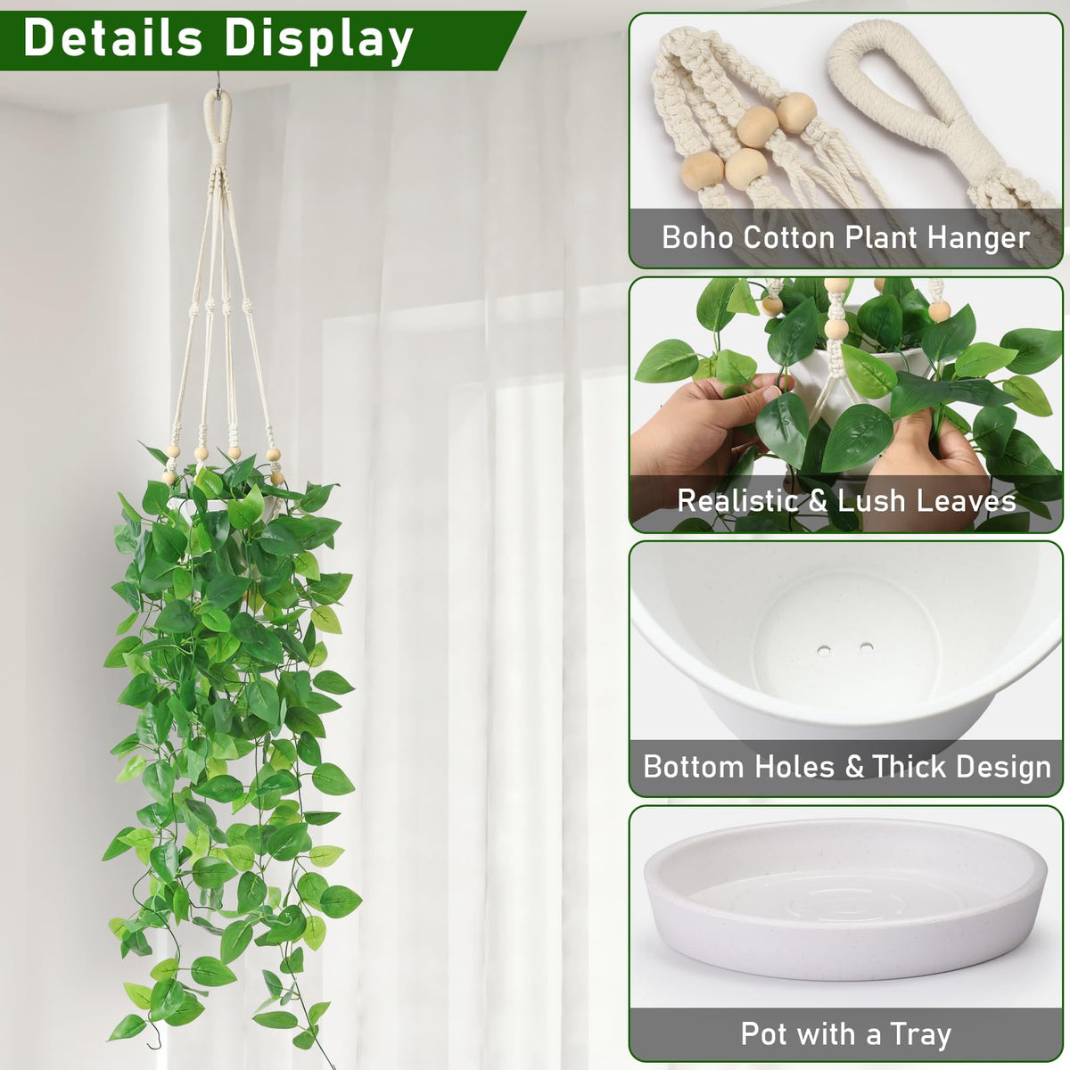KTGOW Artificial Hanging Plants with Boho Macrame Plant Hanger - Fake Ivy Vines in Pot for Wall, Bedroom Home Faux Greenery for Indoor Outdoor Decor (1 Pack)