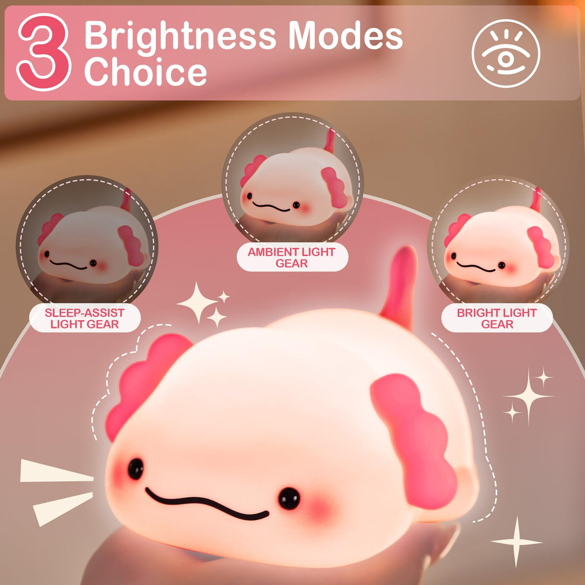 LettreQ Axolotl Night Light for Kids, Rechargeable Cute Squishy lamp - Silicone Adorable Christmas Axolotl Gifts for Kids - Nightlight Nursery Animal Touch Light - Bedroom Decor for Boy, Girls