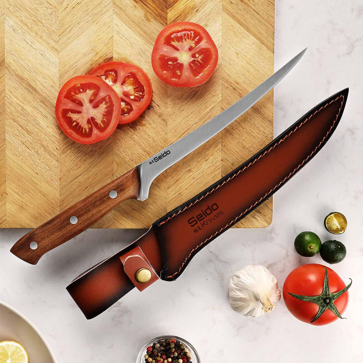 Seido Knives Caveman 7.5" Fillet Knife – Flexible Stainless Steel Blade with Rosewood Handle & Leather Sheath