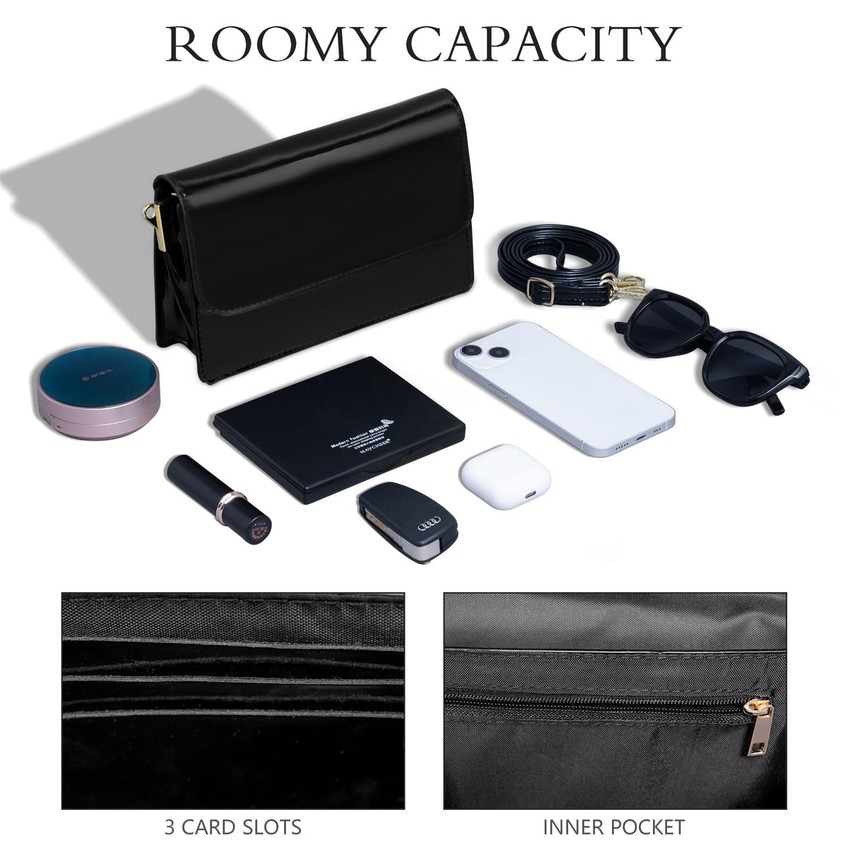 Toptime Patent Leather Evening Bag Clutch Purse for Women, Shiny Black Shoulder Bag with Adjustable Strap, Envelope Crossbody Bags Handbag with 2 Compartments for Prom Cocktail Party Wedding