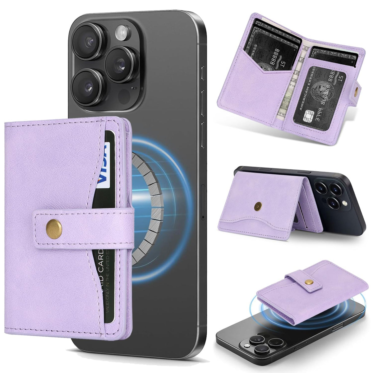 YNlinuofg Ultra-Thin Magnetic Wallet Card Holder for iPhone and All MagSafe Protective Cases，Premium PU leather, powerful magnetic closure, stand function, 6 card slots (Purple)