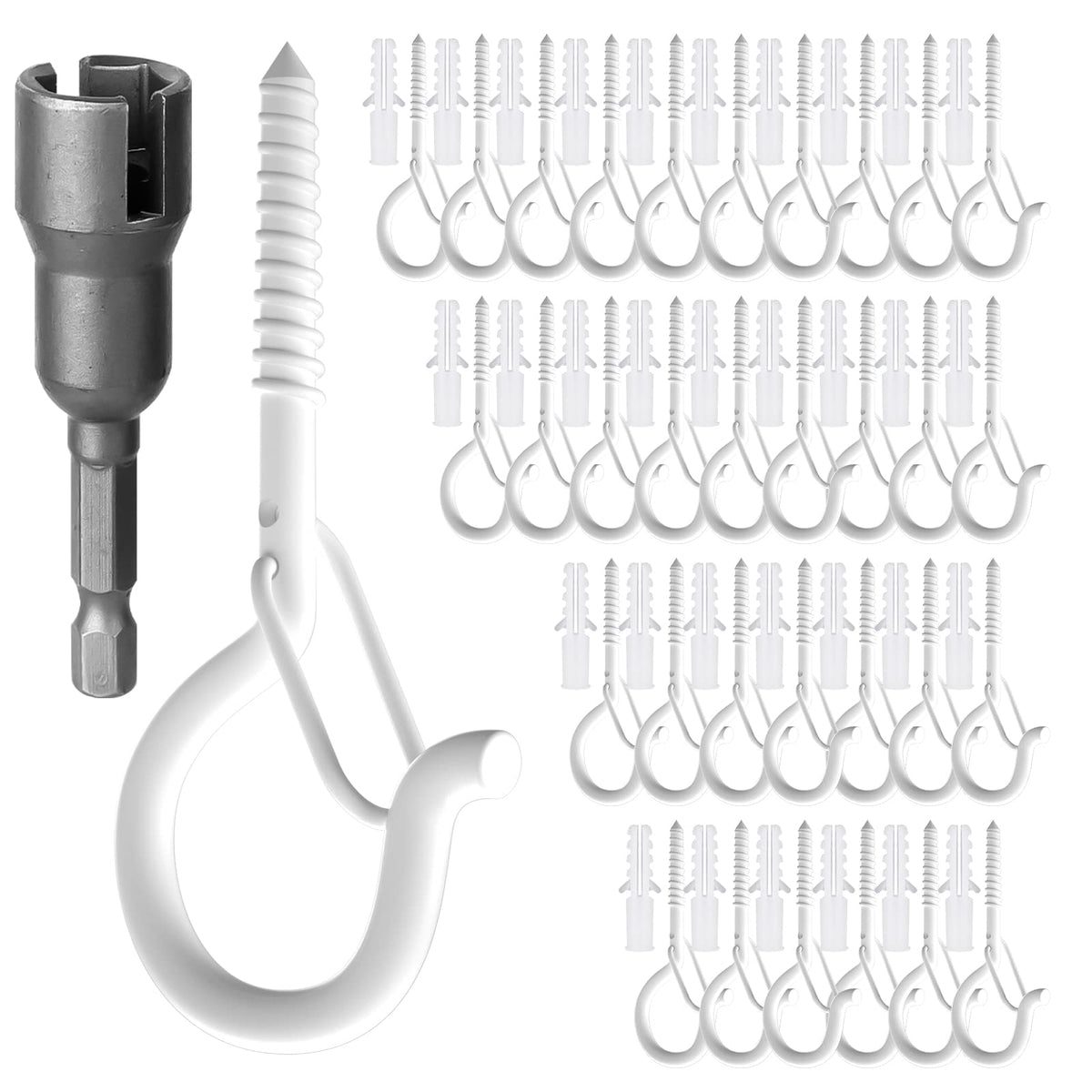 GIPTIME 32Pcs Q-Hanger Hooks with Safety Buckle, Windproof Screw Hooks for Hanging Outdoor String Lights, Plants, Christmas Decorations, Includes Wing Nut Driver, White