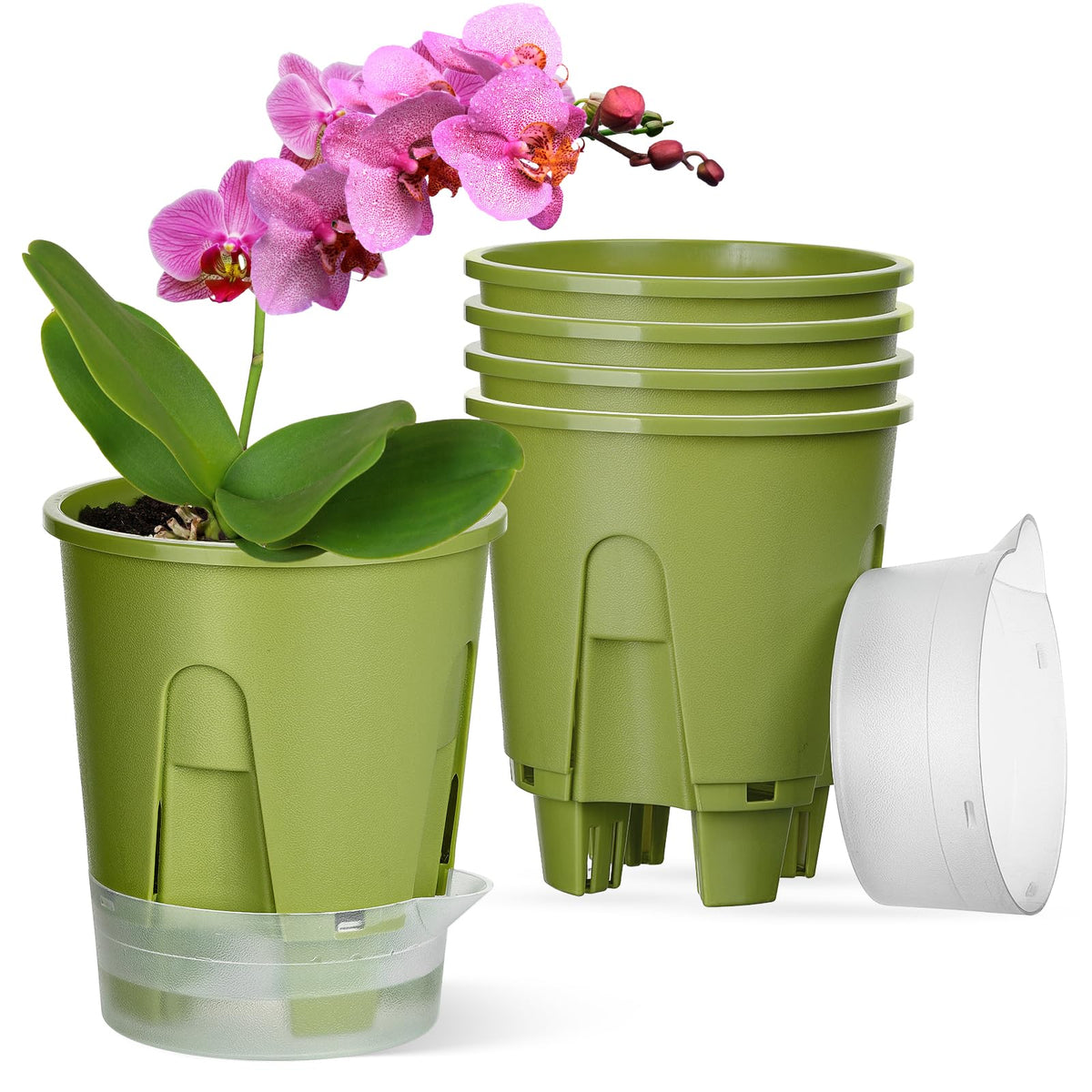 IWNTWY Plant Pots 6 inch Set of 5, Self Watering Pots for Indoor Outdoor, Upgraded Water Inlet Self Watering Planters Flower Pots with Drainage Hole and Clear Saucer Reservoir (Green)