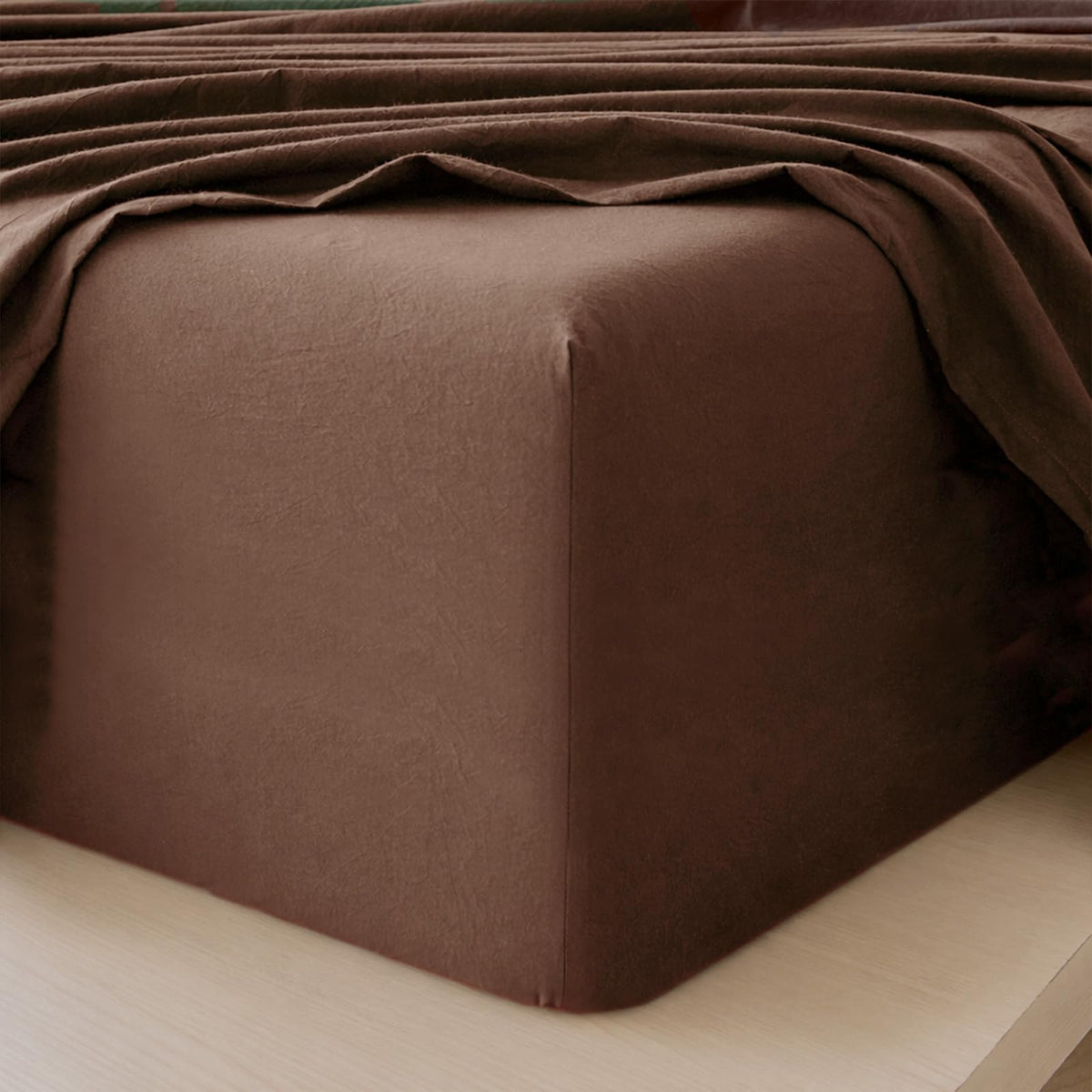 MooMee Fitted Bottom Sheet Only 100% Washed Cotton Linen Like Textured Breathable Durable Soft Comfy Deep Pocket Fits Mattress up to 17" (Cocoa Brown, Queen)