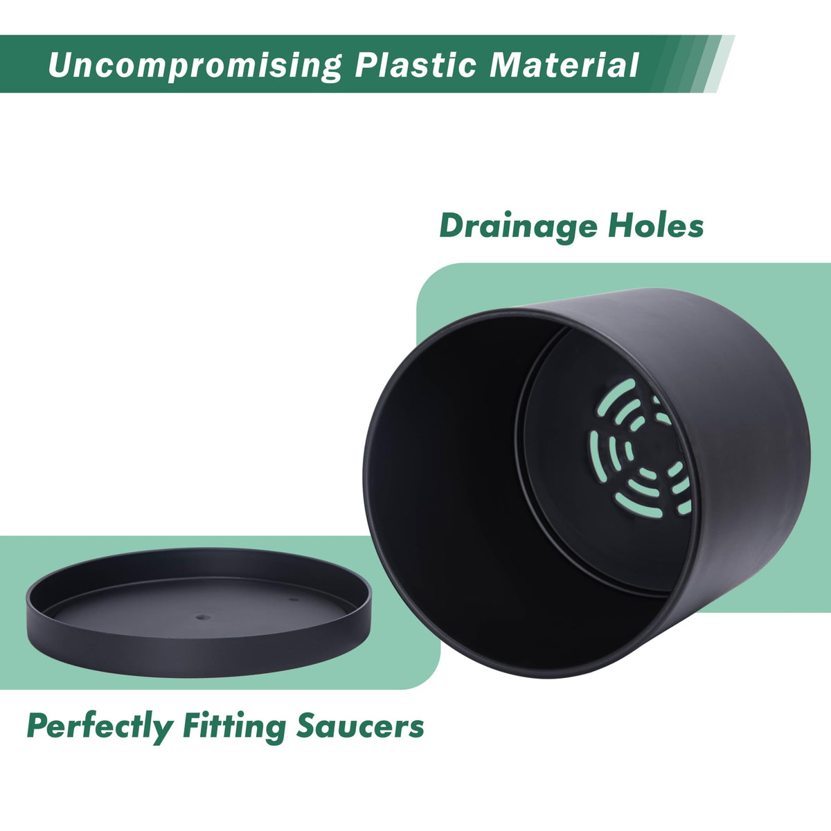 D'vine Dev 10 Inch Plastic Planter Pots for Plant Pot with Drainage Hole and Seamless Saucers, Black Color, 74-X-B-2