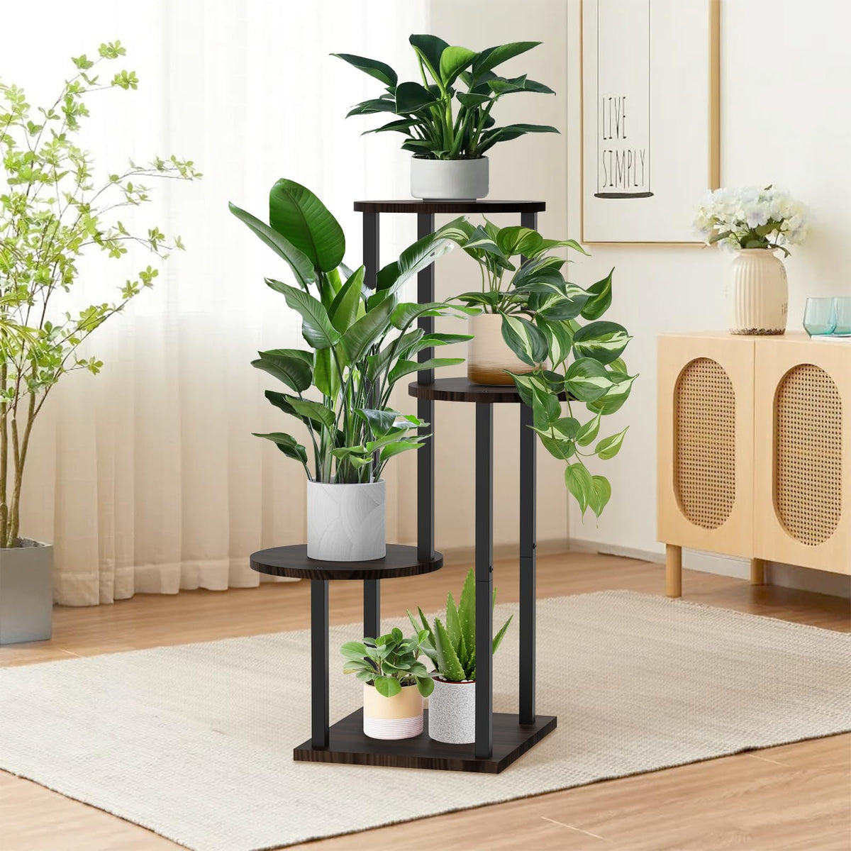 SMFANLIN 4 Tier Plant Stand Indoor, Metal Wooden Tall Plant Shelf Flower Pot Stand for Multiple Plants, Corner Flower Holder Plant Display Rack for Living Room Balcony Patio Garden (Black)