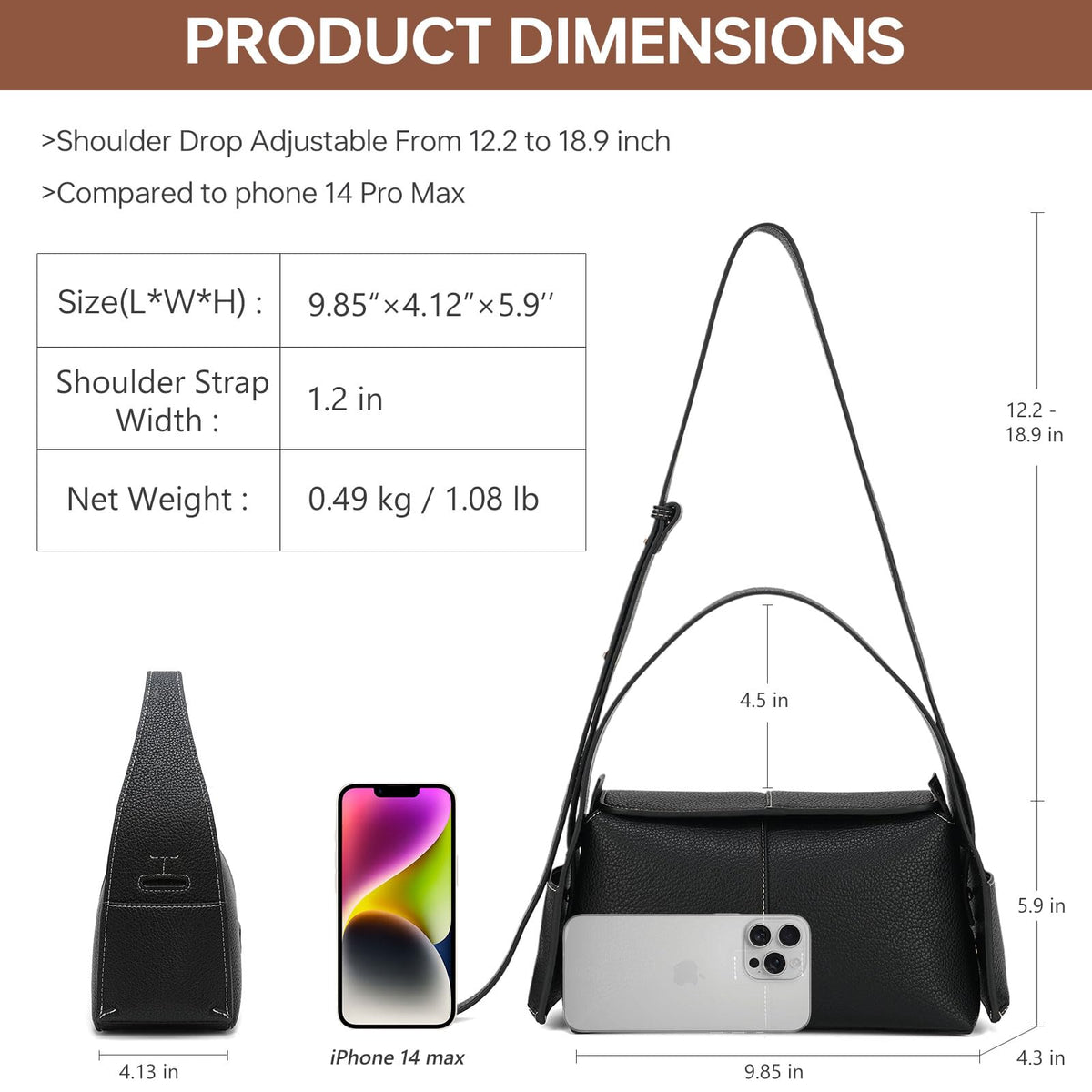 Goinsound Trendy Shoulder Purses Medium Black Handbags For Women Leather Crossbody Bag With Adjustable Strap