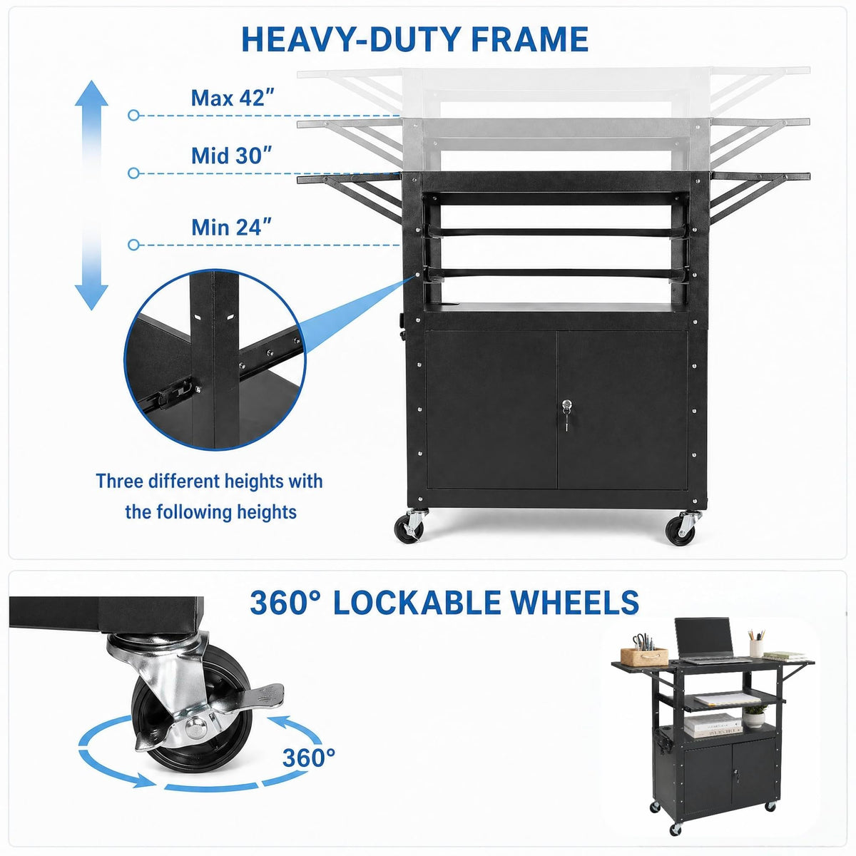 Portable AV Cart with Locking Storage Cabinet, Adjustable Laptop Stand & Drop Leaves, Rolling Workstation with Power Outlets for Classroom, Office, or Home Use