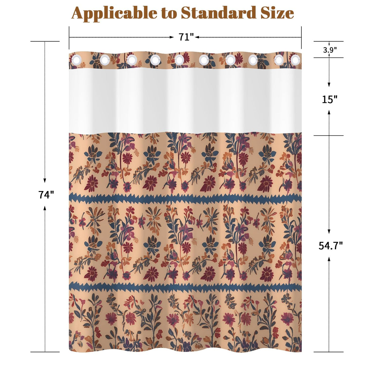 Xiazhilaio Vintage Boho Floral No Hook Shower Curtain with Snap in Liner