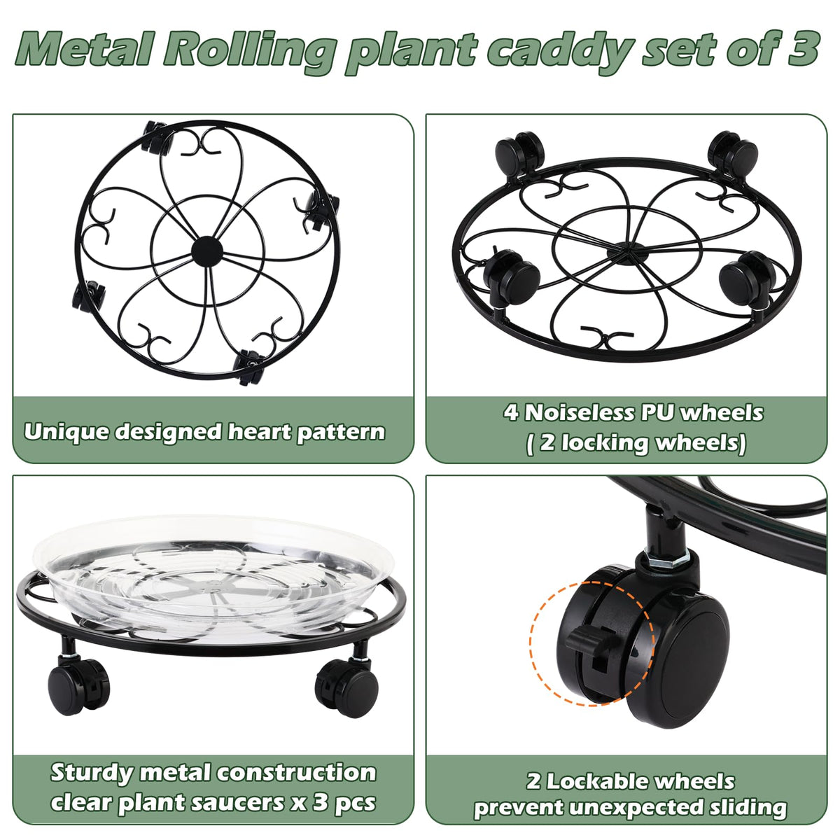 DEELF OUTLET 3 Packs 12 inches Large Metal Plant Caddy with Wheels Round Planter Dolly Pot Mover Rollers Wrought Iron Rolling Plant Stands Indoor Outdoor Wheeled Plant Holder Coaster Trolley, Black