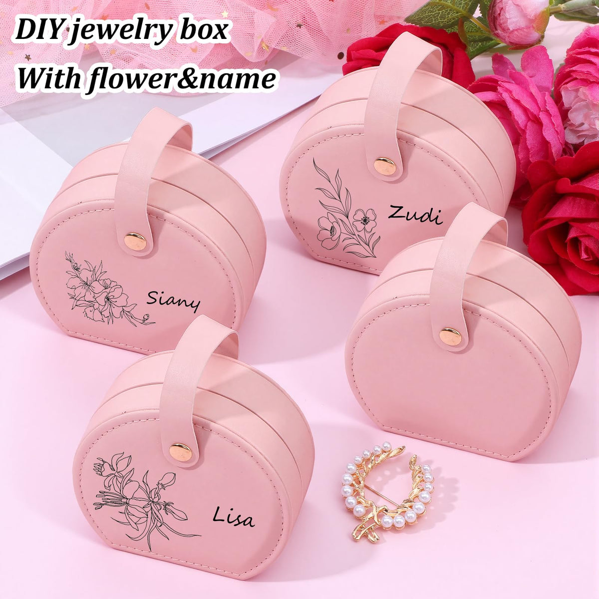 10 Pack Travel Jewelry Case Mini Leather Bridesmaid Jewelry Gift Box Bulk, Half Moon Design, Detachable Handle, Small Earring Storage Organizer for Women Girls Bridesmaid Proposal Gifts(Pink)