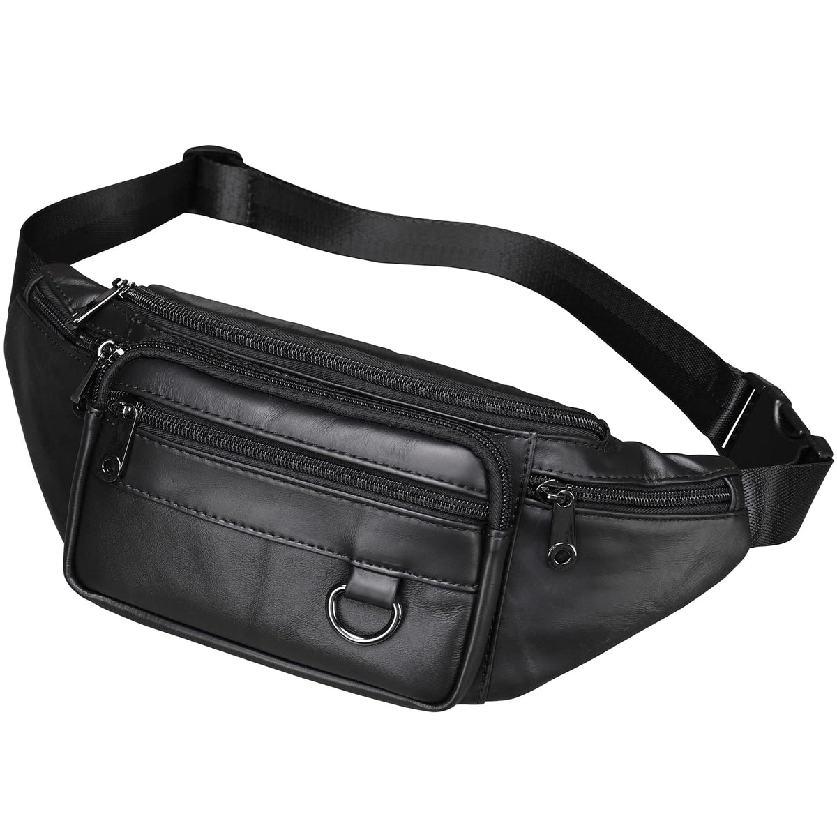 Genuine Leather Fanny Pack HandMade Durable cowhide Waist Bag Lots of Anti-theft zipper pocket Black