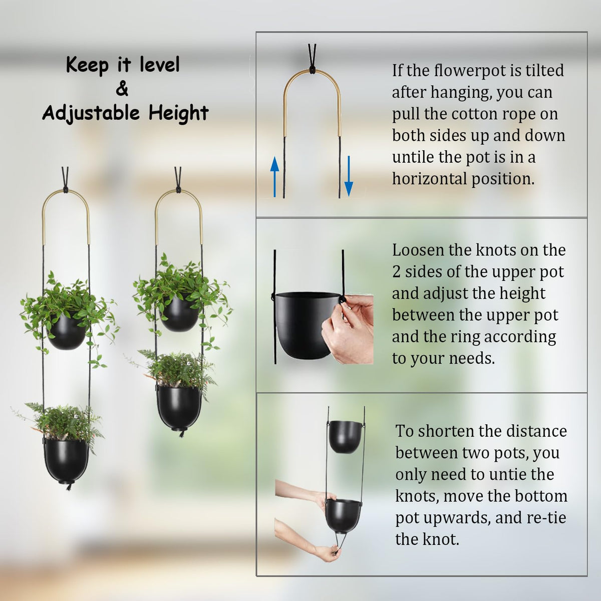 ABETREE Modern Metal Hanging Planter for Indoor Outdoor Plants with Hook 2 Tier Boho Wall and Ceiling Flower Pots Baskets Holder Home Office Decor(Black)