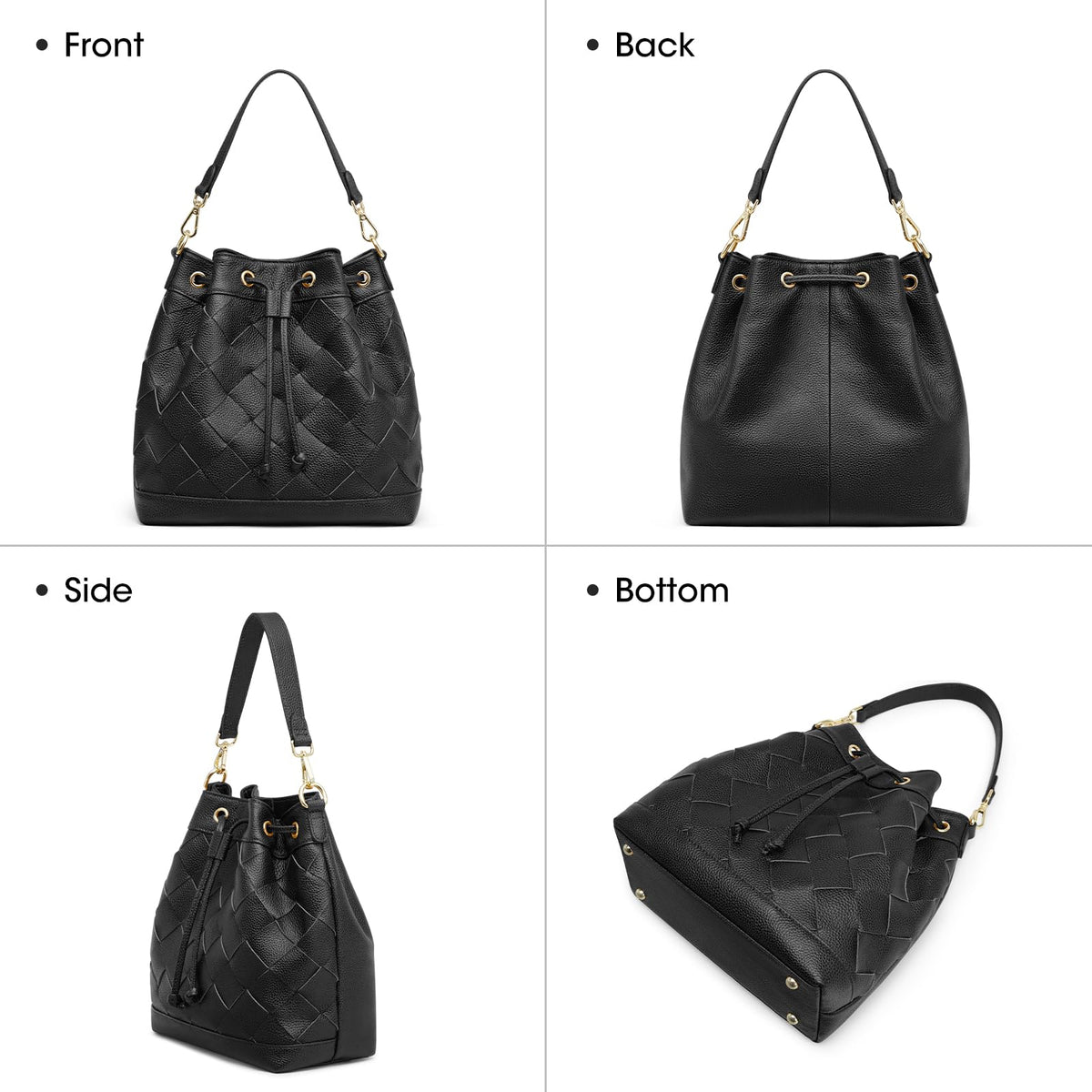 Kattee Woven Genuine Leather Bucket Bags for Women, Drawstring Crossbody Hobo Purses and Shoulder Handbags with 2 Detachable Straps, Black