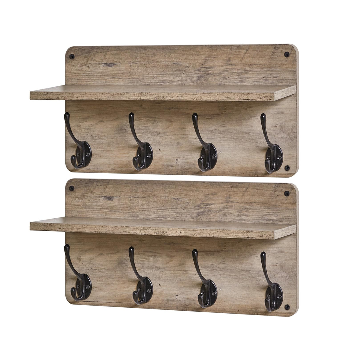 YMYNY Coat Rack Shelf Wall Mounted, Wooden Coat Hooks Set of 2, Entryway Coat Hanger with 8 Hooks,31.5''L Floating Shelves, Key Holder, for Bedroom, Bathroom, Living Room, Silver Gray UHWS006Y-2