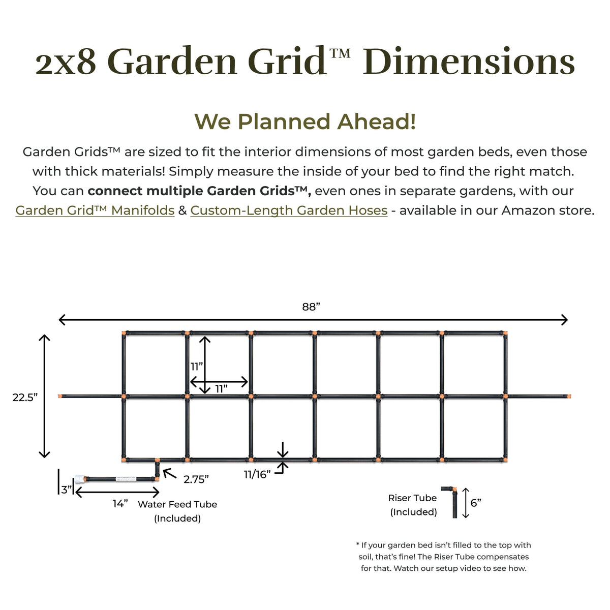 Garden Grid Watering System, 2x8 Cornerless | Garden Irrigation System for Garden Beds | Pre-Assembled, Waters Every Plant, USA-Made | Ideal for Beds w/Corner Posts or Curved Ends | 22.5"x88"