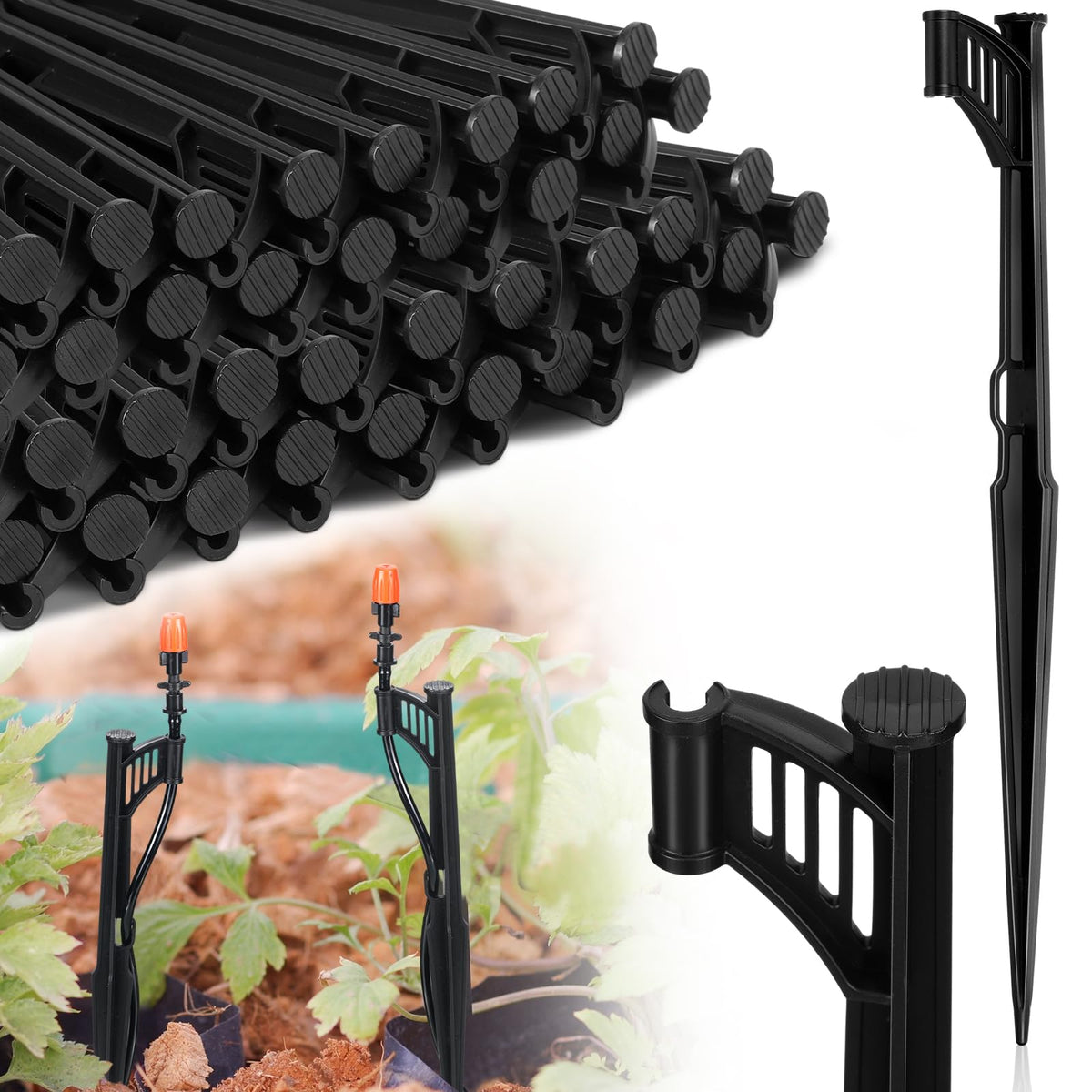 GlikCeil 50 Pcs 12.8" Irrigation Drip Support Stakes 1/4 Inch Tubing Hose Holder Adjustable Riser Drip Lines Ground Stakes for Micro Sprinkler Gardens Irrigation Supplies