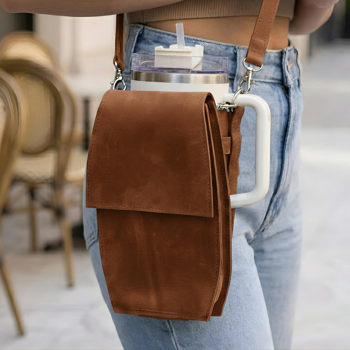 Leather Crossbody Bottle Bag – Genuine Leather Water Bottle Holder with Adjustable Strap, Slim Travel Drink Carrier Pouch for Walking, Hiking & Festivals (Bottle Not Included), Warm Brown