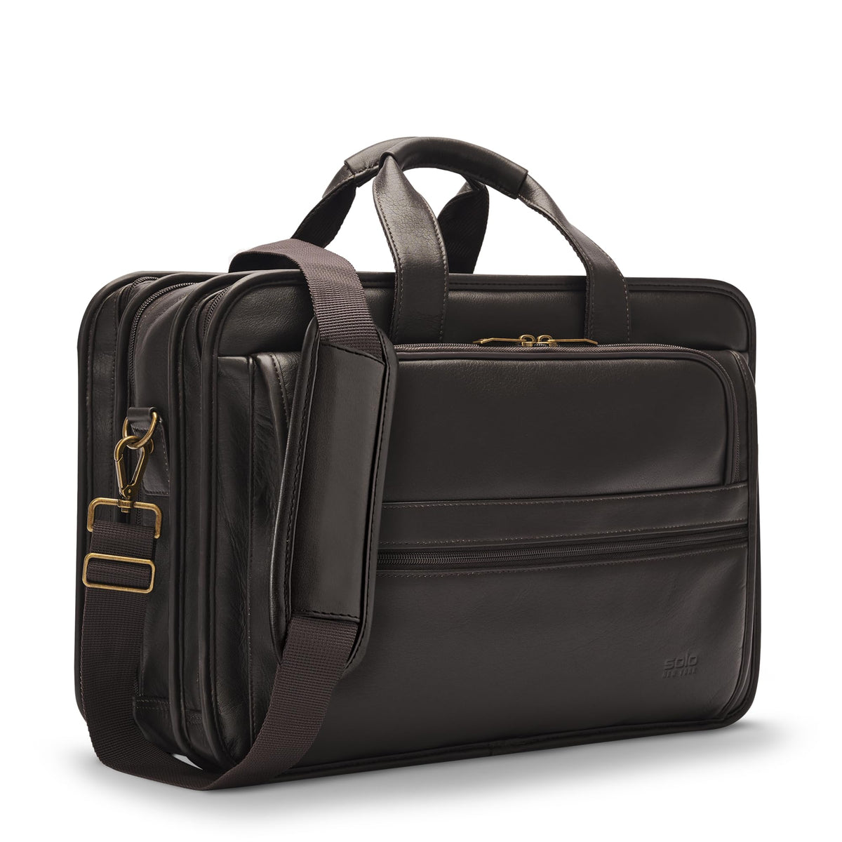 Solo New York Briefcase - Laptop Carrying Bag for Women & Men, Brief for Travel & Work, Padded Shoulder Strap, Premium Leather Body, Fits 15.6" Computer - Espresso