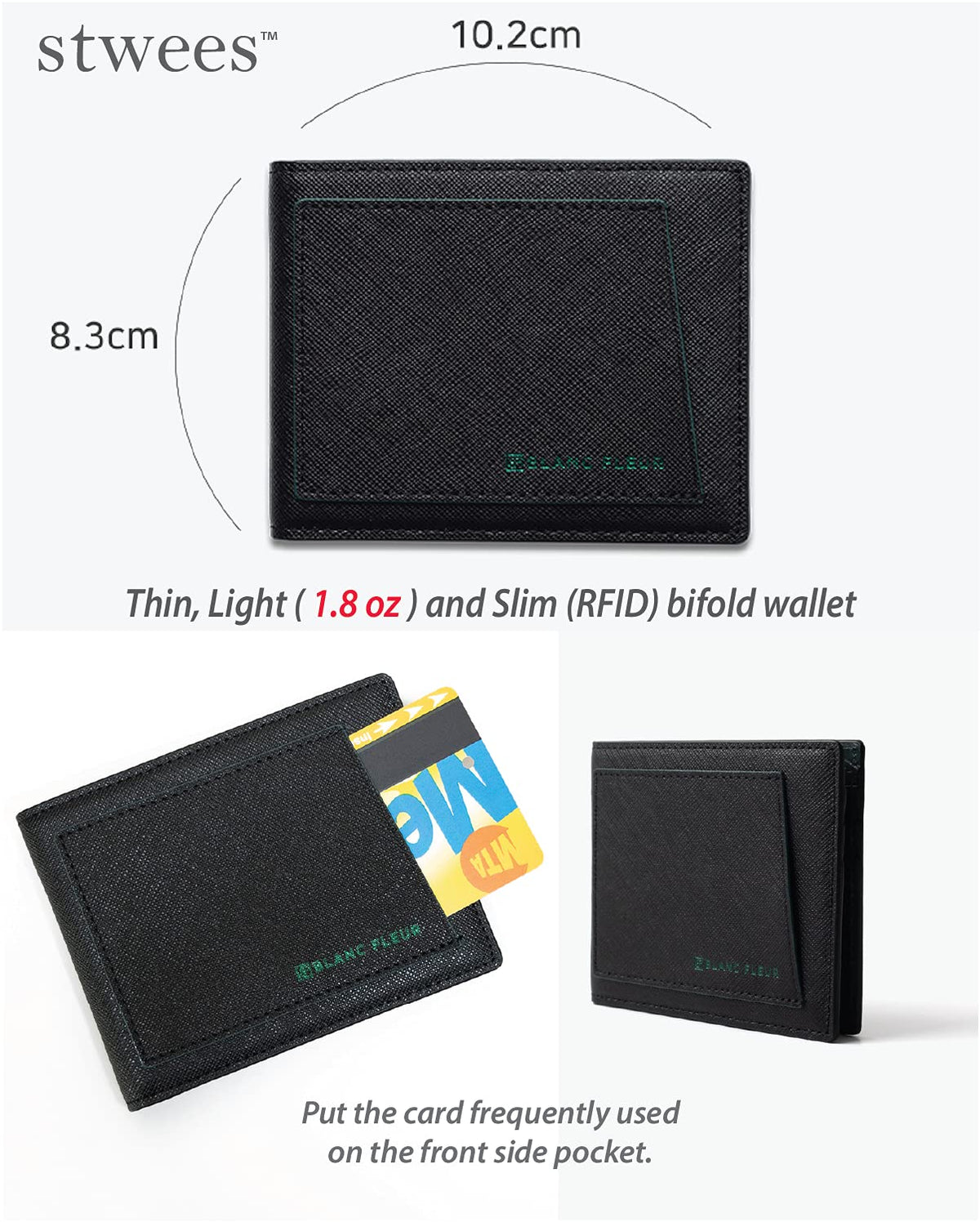 maskfactory stwees bifold leather wallets - Ultra slim, RFID, Front pocket, slim, ID window (Pocket style E, Black)