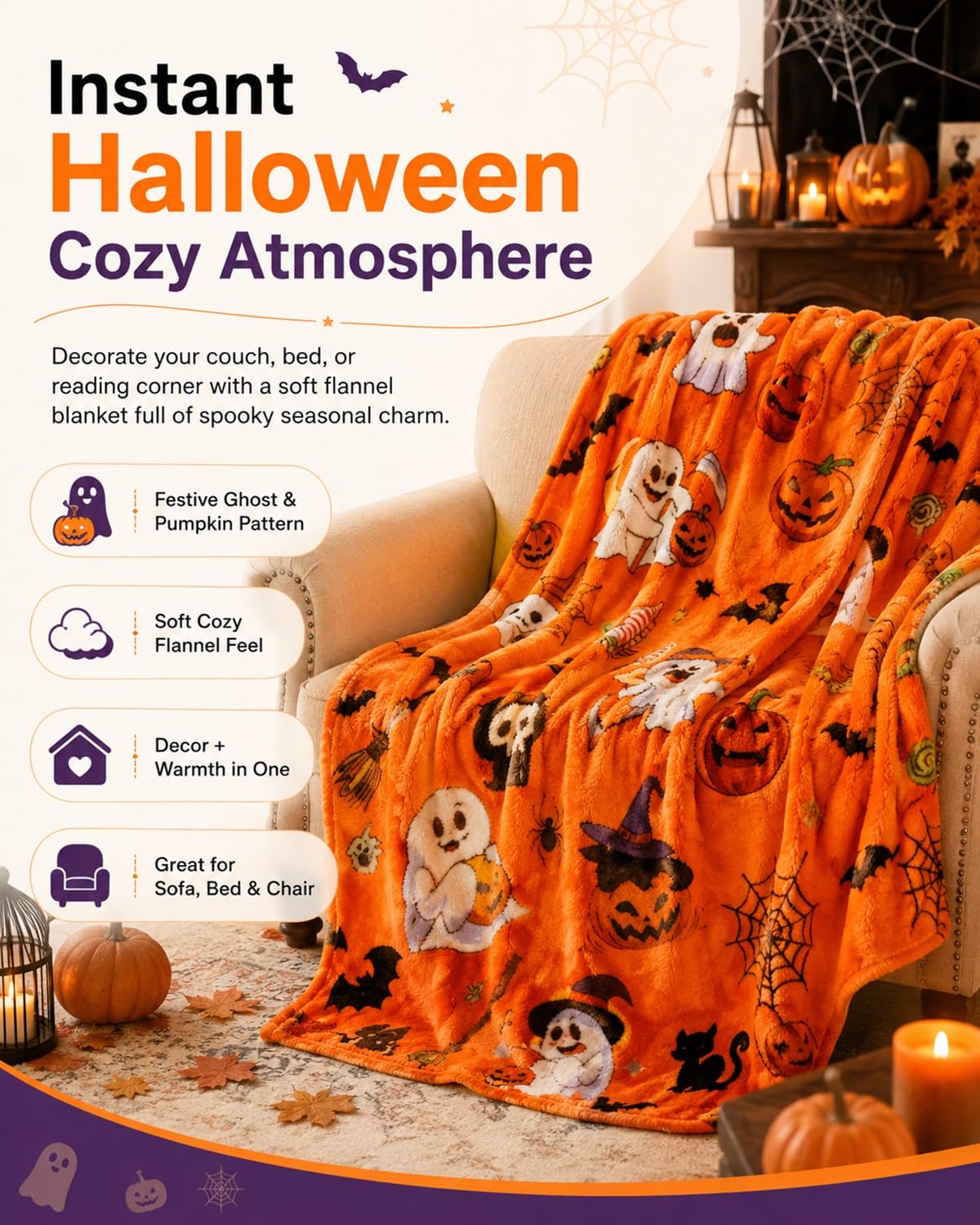 Halloween Throw Blanket Couch Cozy Flannel Decoration for Party Bed Soft Flannel Ghost Blanket Halloween Harvest Gifts Horror Ghost Bat Pumpkin(Model2,50x80in)