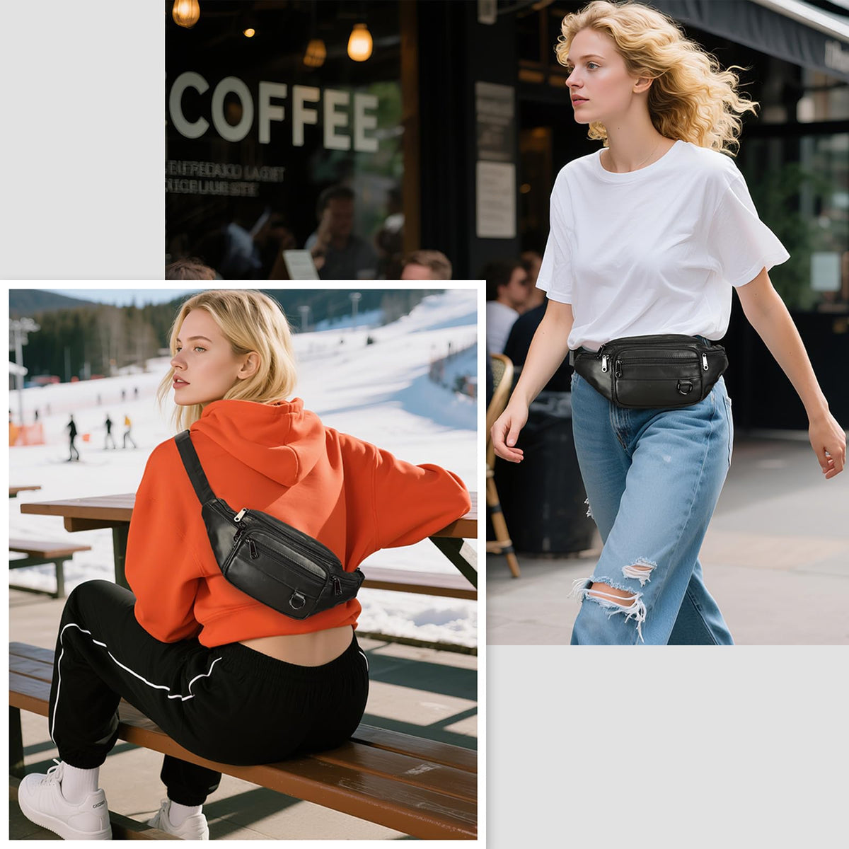 Genuine Leather Fanny Pack HandMade Durable cowhide Waist Bag Lots of Anti-theft zipper pocket Black