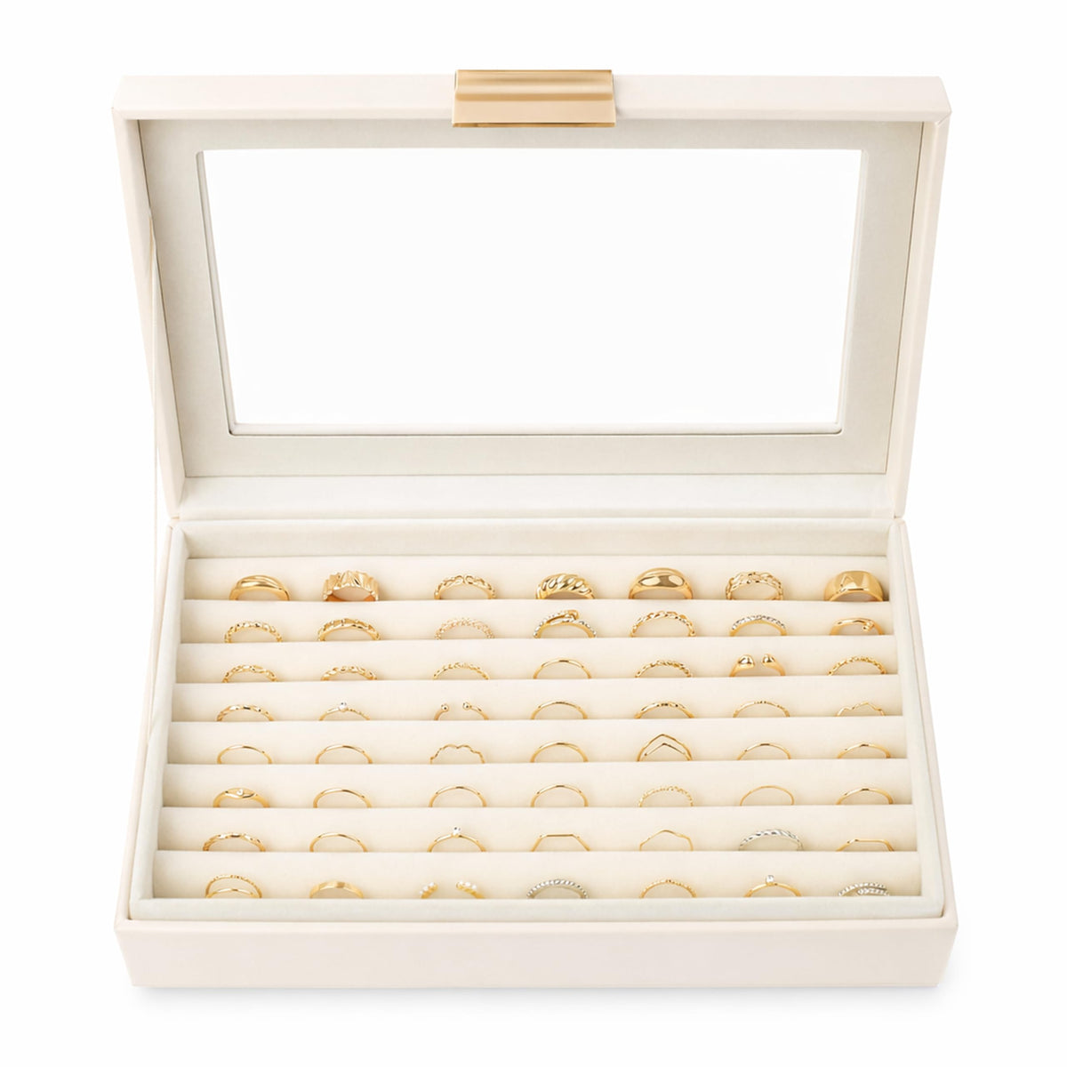 Ring and Earring Jewelry Display Box – Holds Up to 80 Rings, Faux Leather Jewelry Box with Velvet Interior and Clear Viewing Lid for Ring Organizer and Display