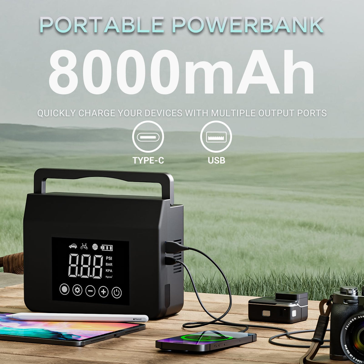 Hieha 4000A Jump Starter with Air Compressor, 12V Portable Car Battery Charger, 150PSI Tire Inflator, 15000mAh Power Bank, LED Flashlight for All Gas 8.0L & Diesel 7.0L Vehicles
