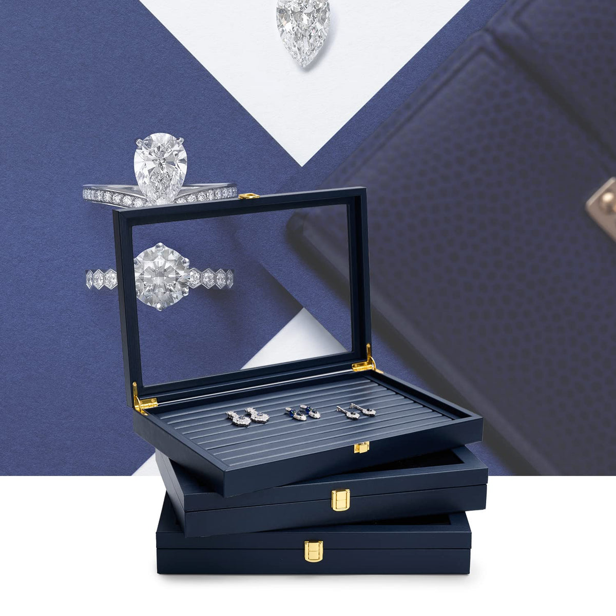 Oirlv Premium Blue Leather Rings Earrings Organizer Tray with Clear Lid Jewelry Display Box with Acrylic Lid Stackable Jewelry Box Drawer Inserts