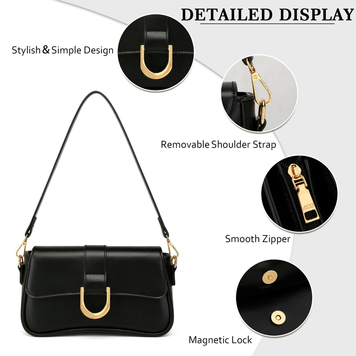 KKXIU Shoulder Bag for Women, Small Handbag Cute Purse Retro Clutch Underarm Hobo Bag, Black