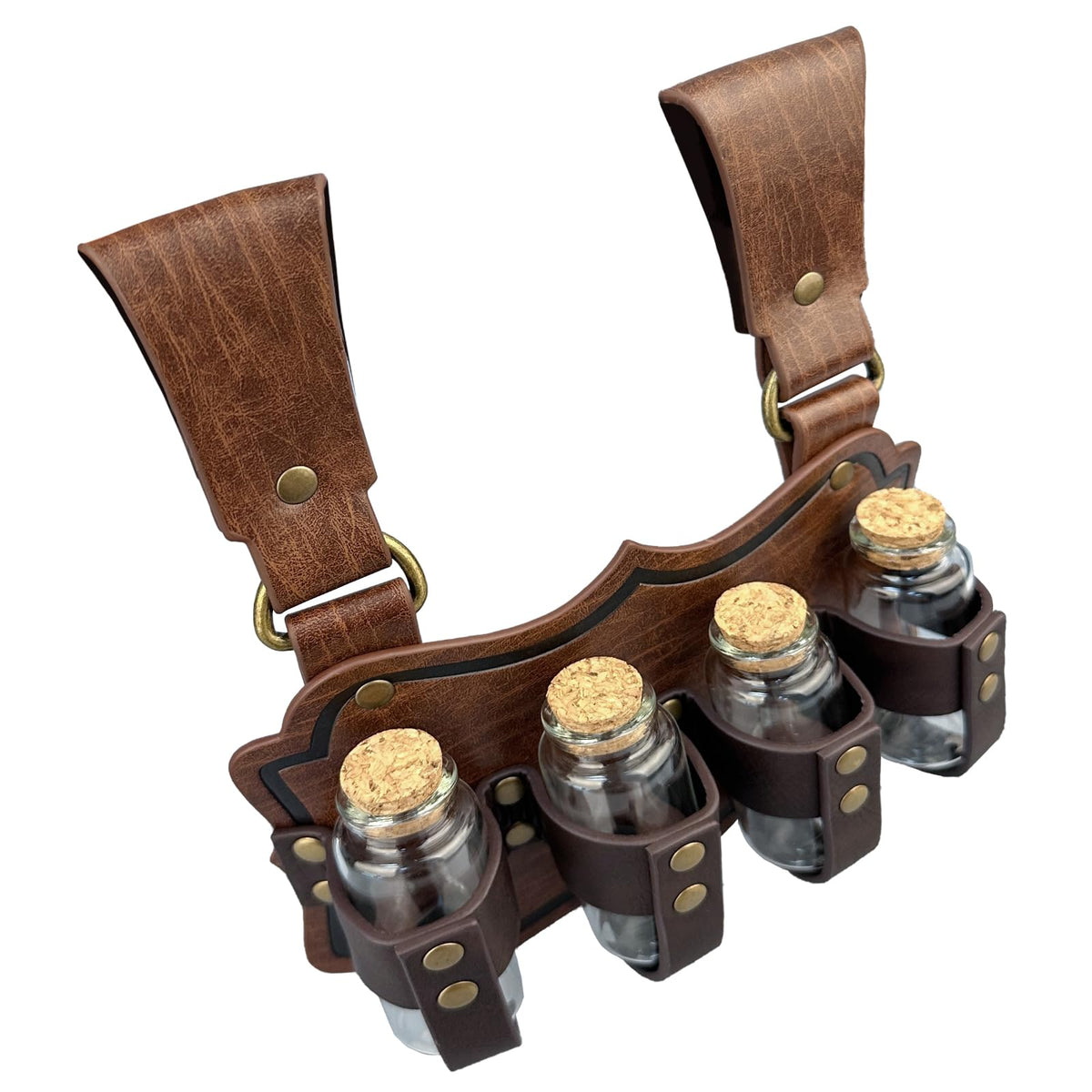HiiFeuer Medieval Embossed Alchemy Faux Leather Buckle Belt with 4 Cork Vials, Fantasy Wizard Potion Bottles Belt (Brown B)