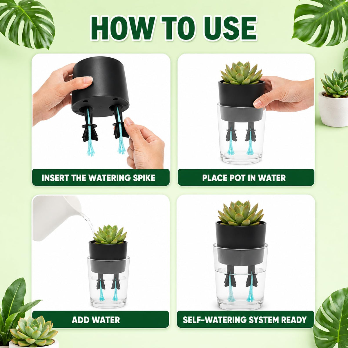 JFBNXB Self Watering Spikes for Indoor Plants, Automatic Plant Watering System for Vacation Care and Office Maintenance, 13-Piece Set with 12 Spikes and Absorbent Cotton Rope