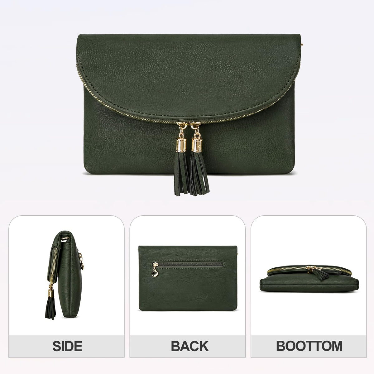 Solene Women's Envelop Clutch Crossbody Bag With Tassels Accent (WU075-Olive)