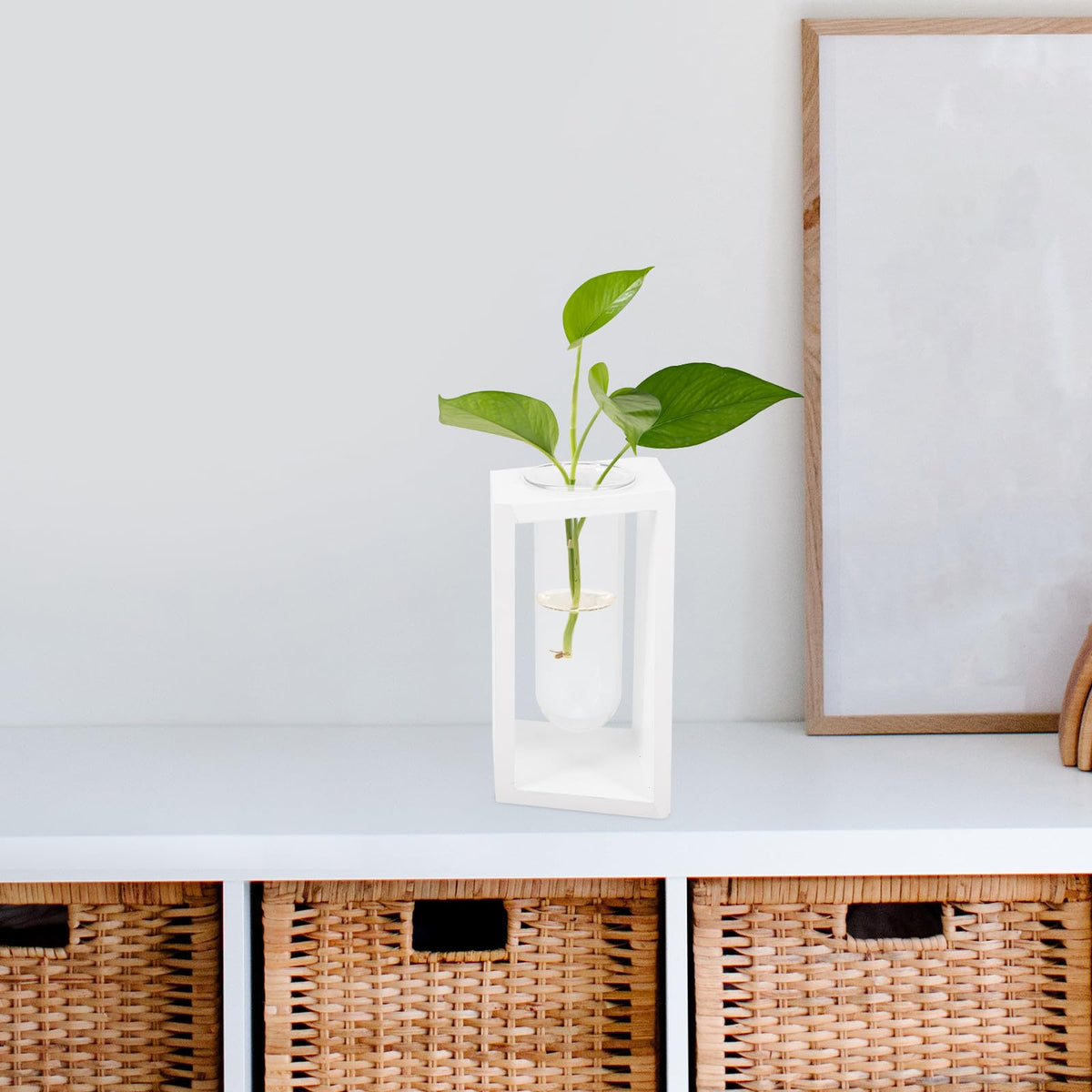 PRETYZOOM Wooden Frame Test Tube Plant Vase for Indoor Hydroponic Propagation, Glass Flower Vase with White Stand, Tube Planter Terrarium for Home and Office Décor