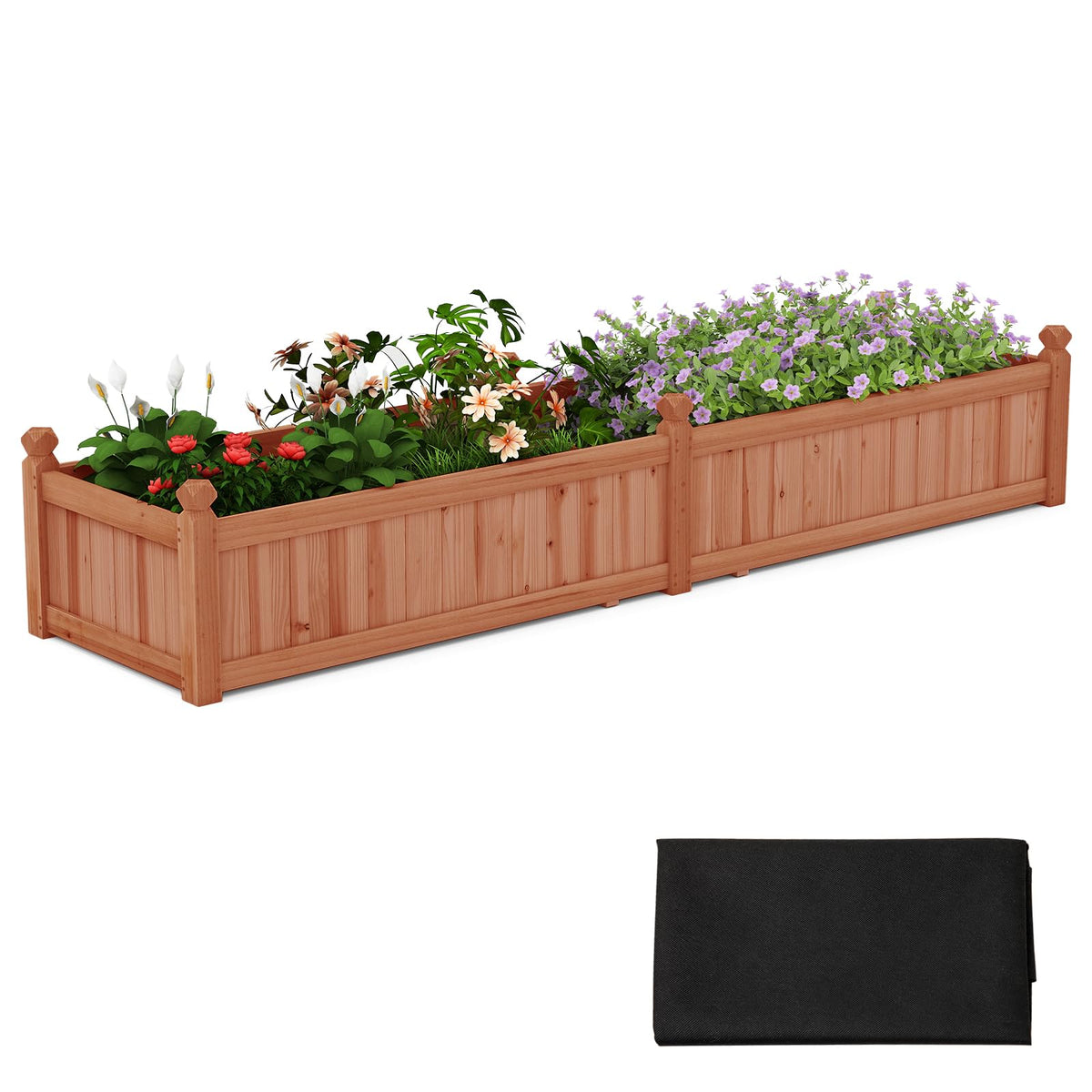 HAPPYGRILL Raised Garden Bed, Wood Elevated Flower Box with 8 Drain Holes, Liner, for Flowers, Vegetables, Herbs, Fruits, Outdoor Planter Box for Backyard, Garden, Lawn, 89" x 23.5" x 16"