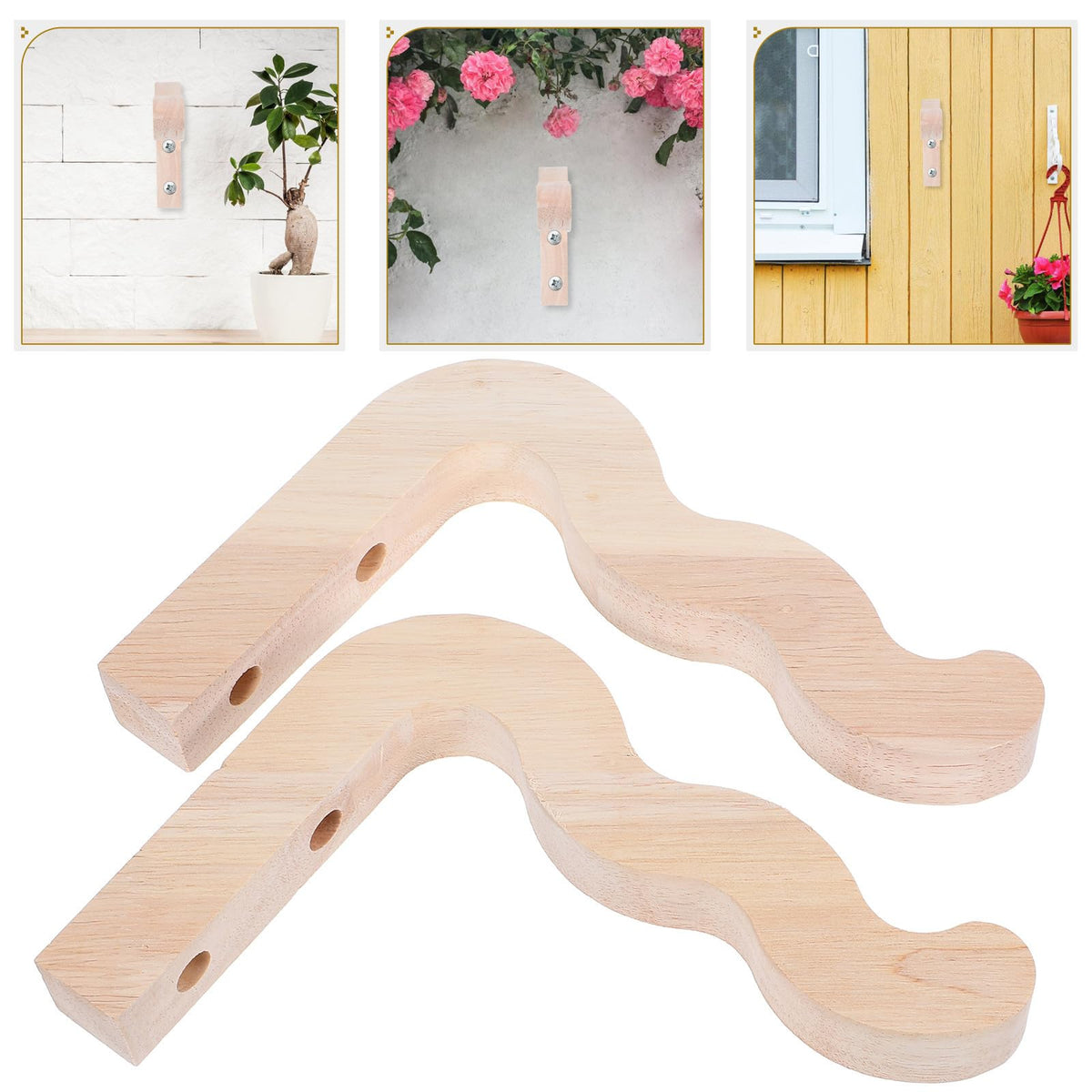 OFFSCH 2pcs Wood Plant Hanger Hooks Wall-Mounted Flower Pot Brackets for Indoor Outdoor Hanging Planters Wind Chime Lantern Holders Garden Balcony Decoration