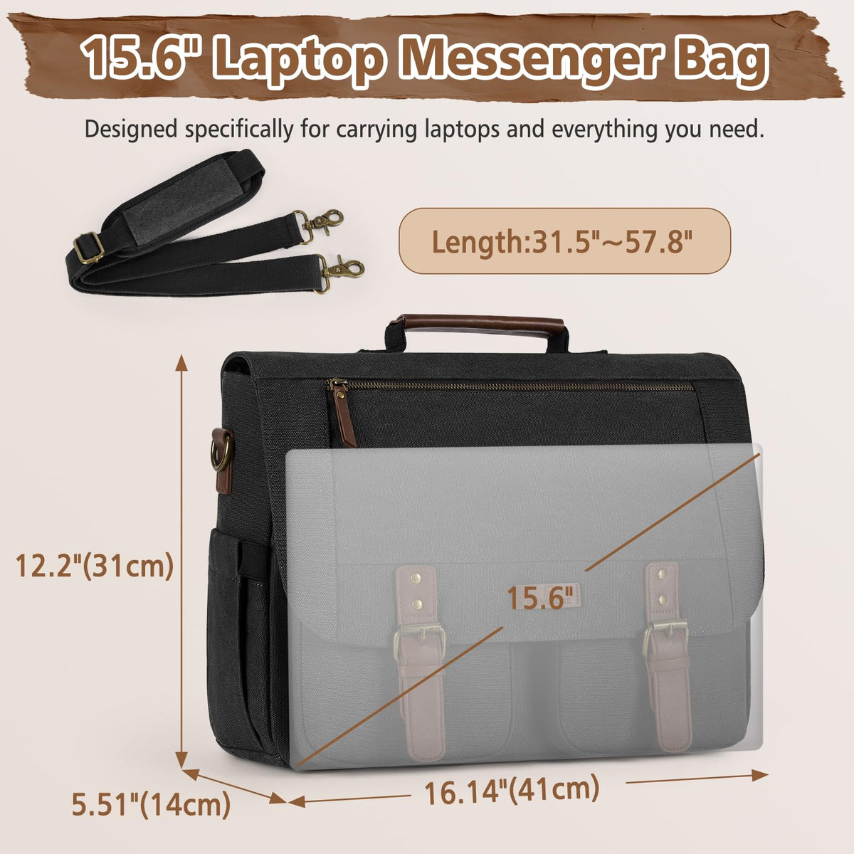 RAINSMORE Messenger Bag for Men 15.6-17.3 Inch Laptop Bag Water-resistant Canvas Briefcase Large Computer Satchel Shoulder Bag for Work College Travel, Black