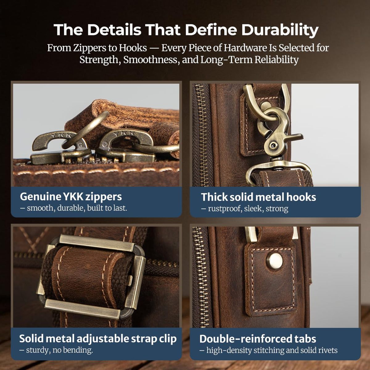 Augus Men's Buffalo Crazy Horse Leather Briefcase for 16 Inch Laptop, Computer Bag with YKK Zipper & Luggage Strap, Fits 16" MacBook, Work Travel Messenger Shoulder Bag, Brown