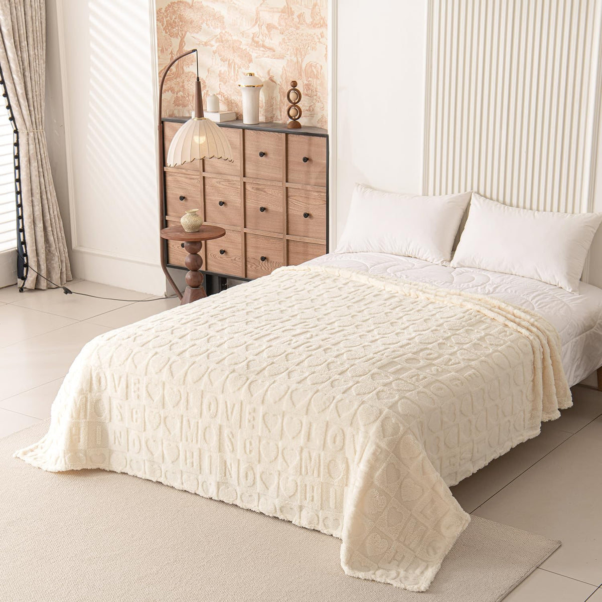 KOTTOMFY Neutral Beige Throw Blanket 80x90 Inches, Large Farmhouse Blanket Throw for Bed and Couch, Cozy Fall Blanket for Living Room Gifting