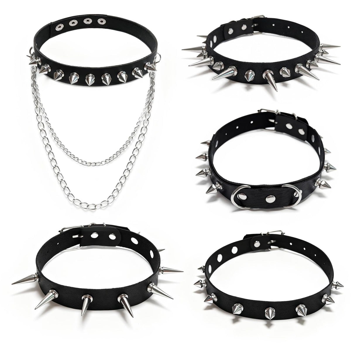 Qoncosy 5 Pcs Goth spiked choker Necklace Set, Spiked Choker with Heart and Paw Studs, Gothic Cat Collar, Adjustable PU Leather Collar for Women, Gothic Punk Rock Accessories for Concerts Halloween Cosplay (Gothic4)