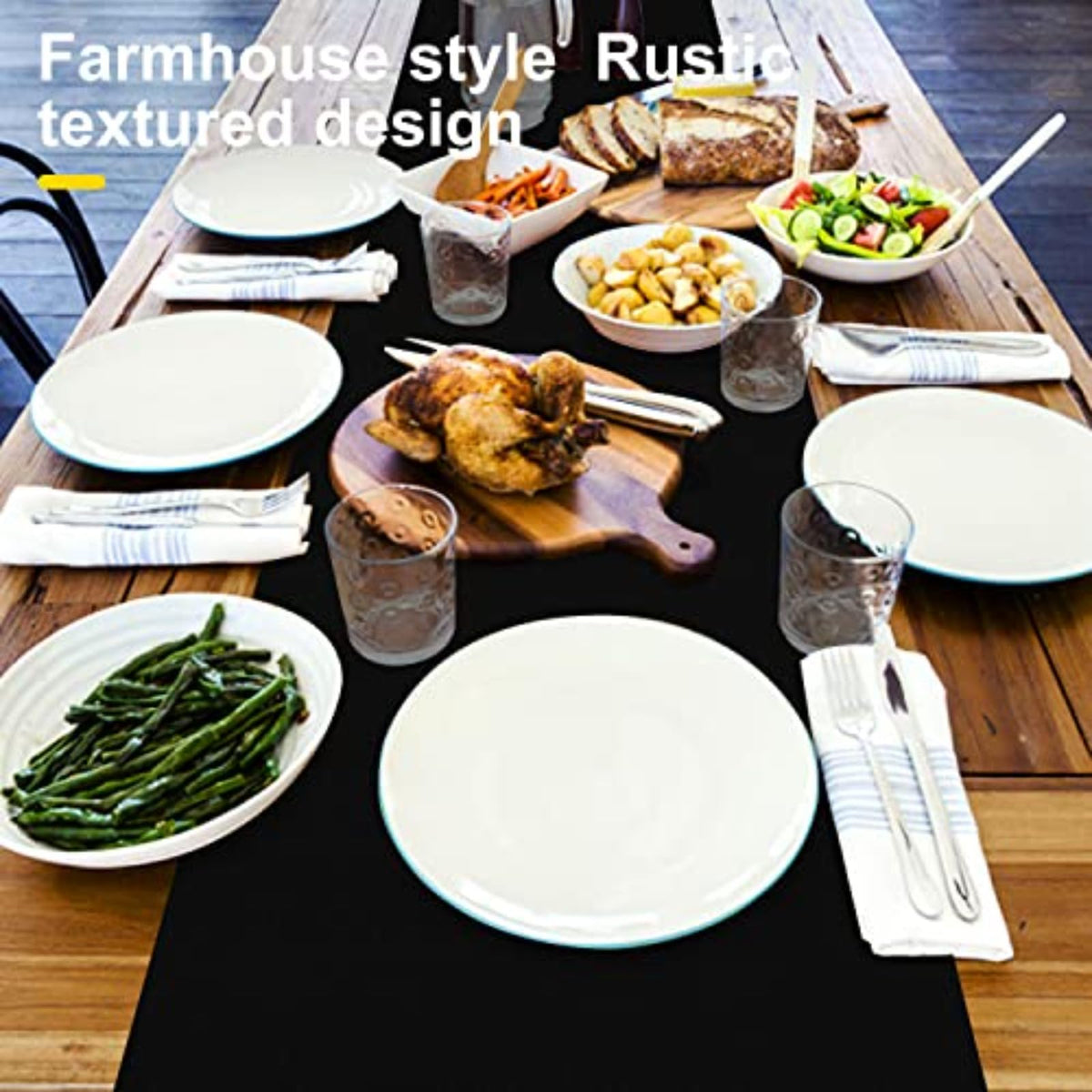 Rinpon Waterproof Wipeable Table Runner, Thick Farmhouse Table Runner, Dresser Runner, Rustic Table Runner for Kitchen Dining Room, Bedroom, Living Room, Indoor and Outdoor (72'',Black)