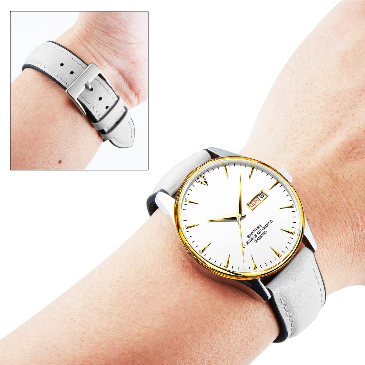 BINLUN Leather Watch Bands Quick Release 14mm-22mm Breathable Micro-Perforated Leather & Rubber Hybrid Watch Straps Silicone-Lined SmartWatch Replacement Bands Men Women (White,Sliver Buckle,22mm)