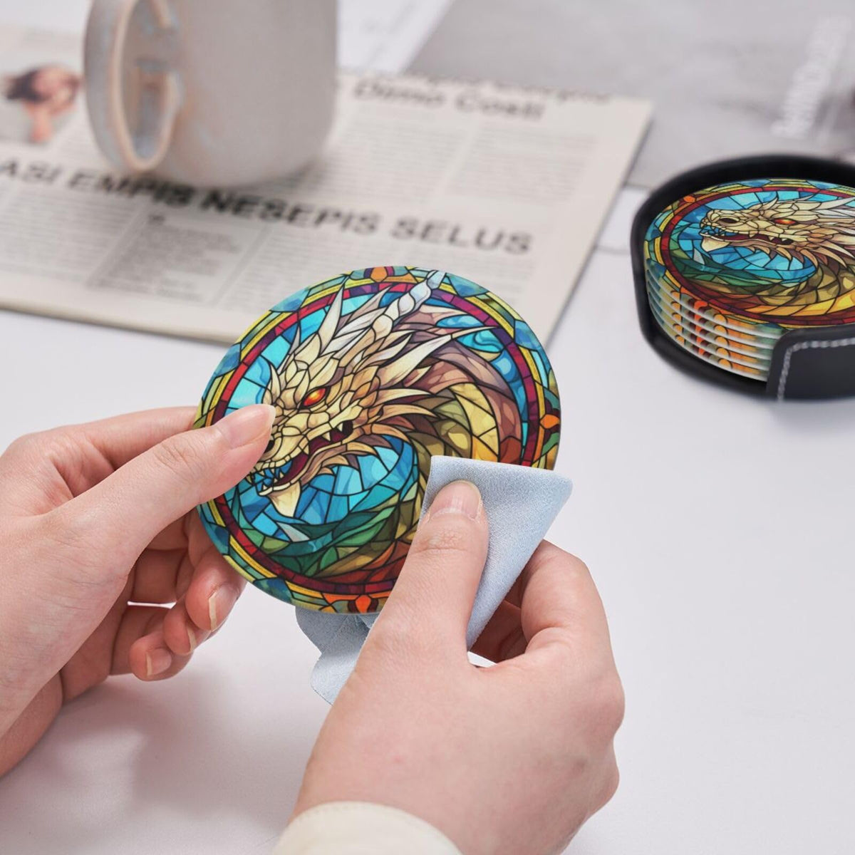 Dragon Drink Coaster Set of 6, Dragon Decor Gifts, Leather Drink Coasters with Holder, 6 Pack Cup/Bar/Drink Coasters for Table/Drinks/Coffee Protection Housewarming Gift (Dragon)