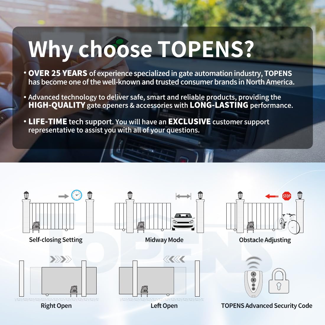TOPENS CK1100 Automatic Sliding Gate Opener Chain Drive Electric Gate Motor for Heavy Driveway Slide Gate Up to 2800 Pounds, Security Gate Operator AC Powered with 20ft Roller Chain and Remote Control