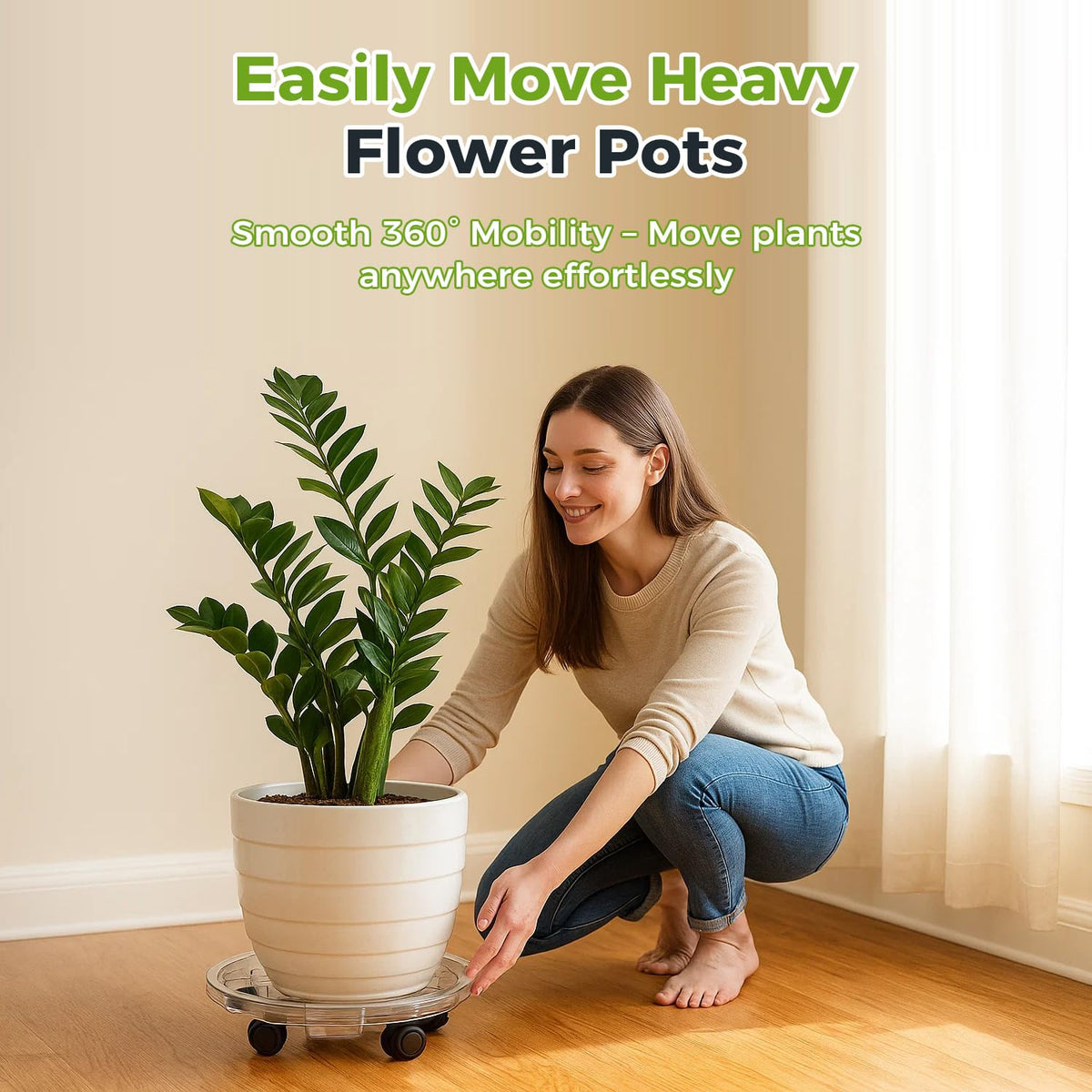 KvyusFlourish 4 Packs 13 Inches Large Clear Plant Caddy Plant Saucers on Wheels Rolling Plant Stands Heavy-duty Plant Dolly Plastic Planter Roller Base Pot Movers Outdoor Plant Tray Coaster