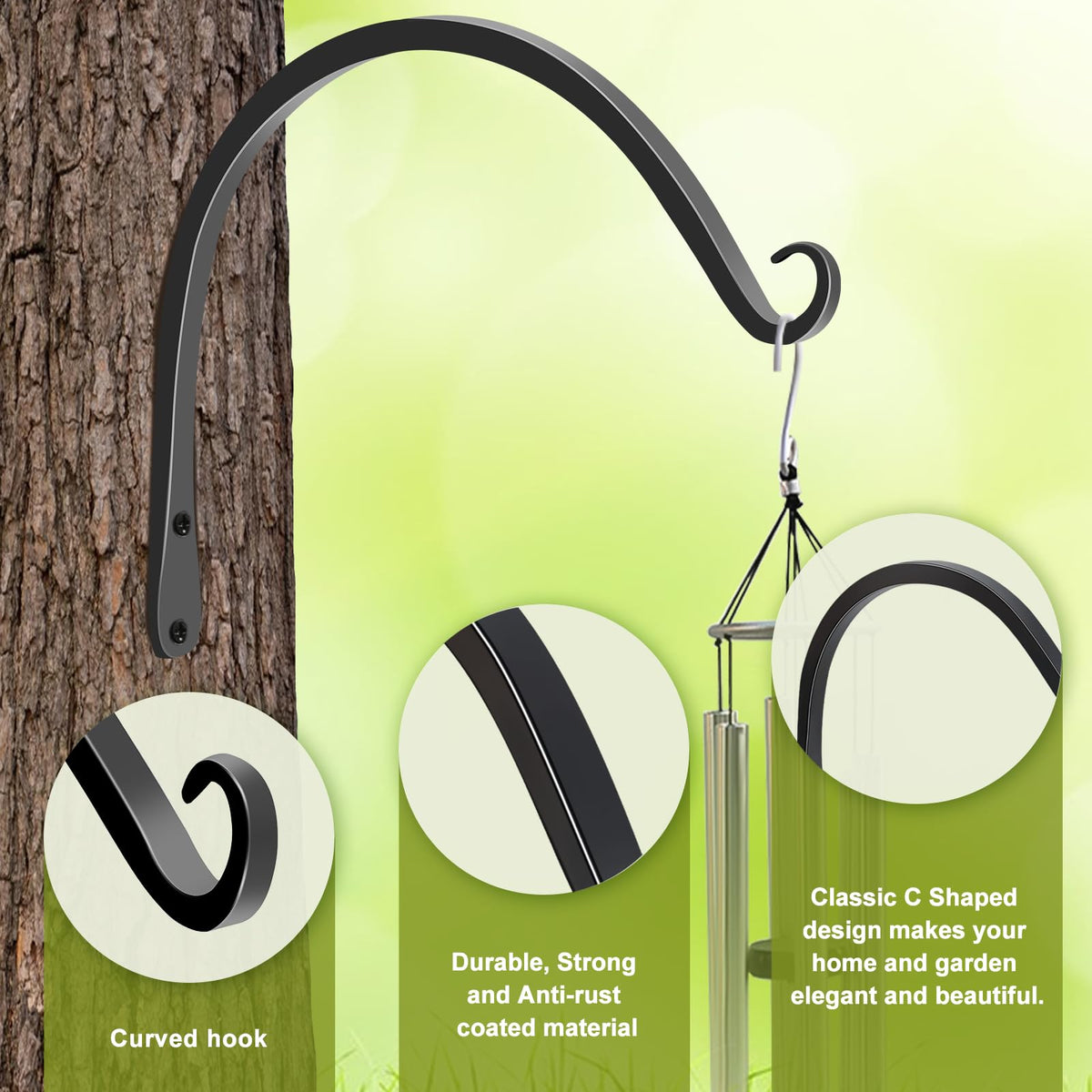 FEED GARDEN 2 Pack 10 Inch Hanging Plant Bracket Wall Hooks Decorative Plant Hangers for Outdoor Hanging Bird Feeders, Wind Chimes, Plant Baskets, Black